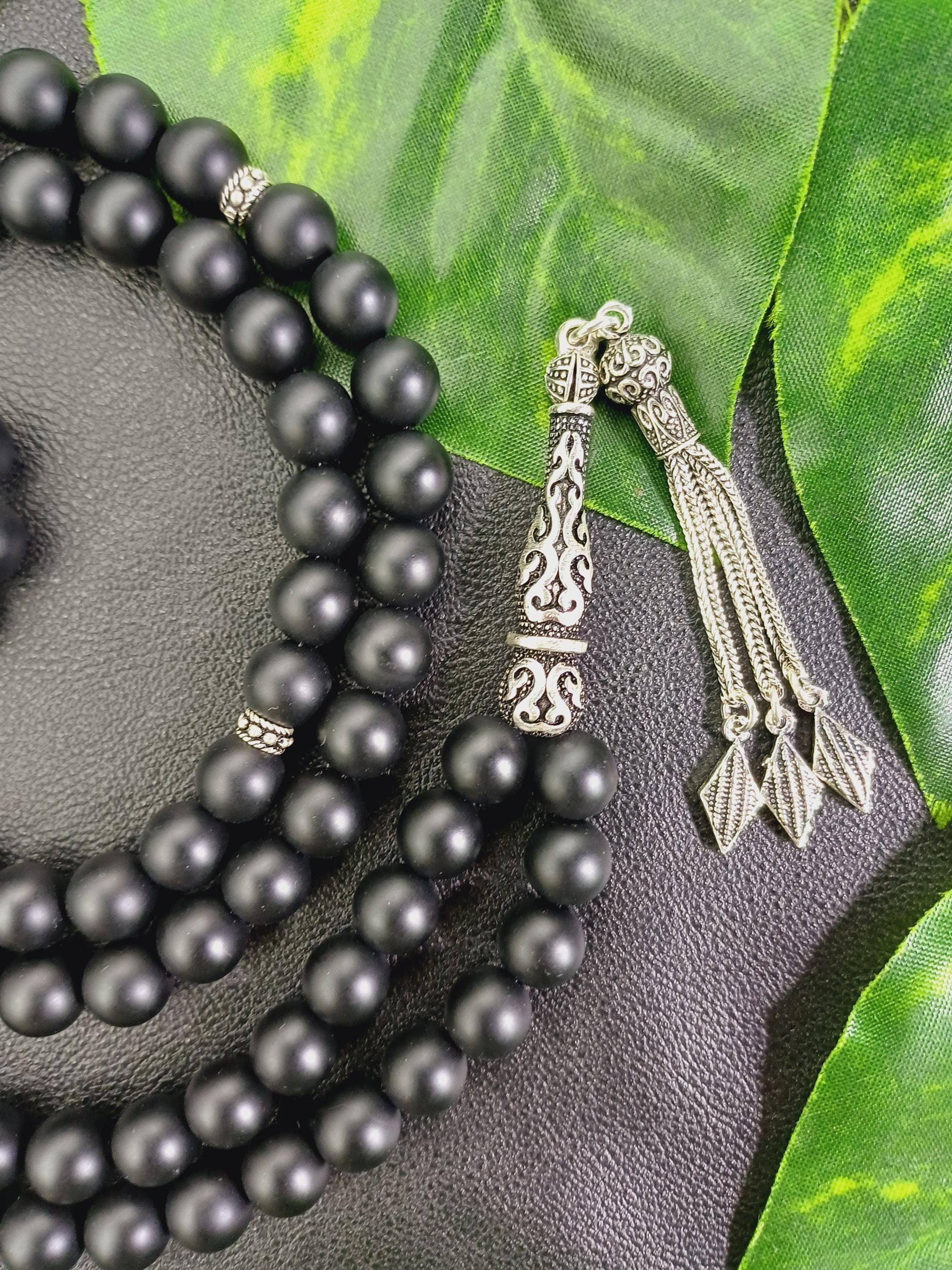 925 Silver Onyx Tasbih: Matte Black Islamic Prayer Beads