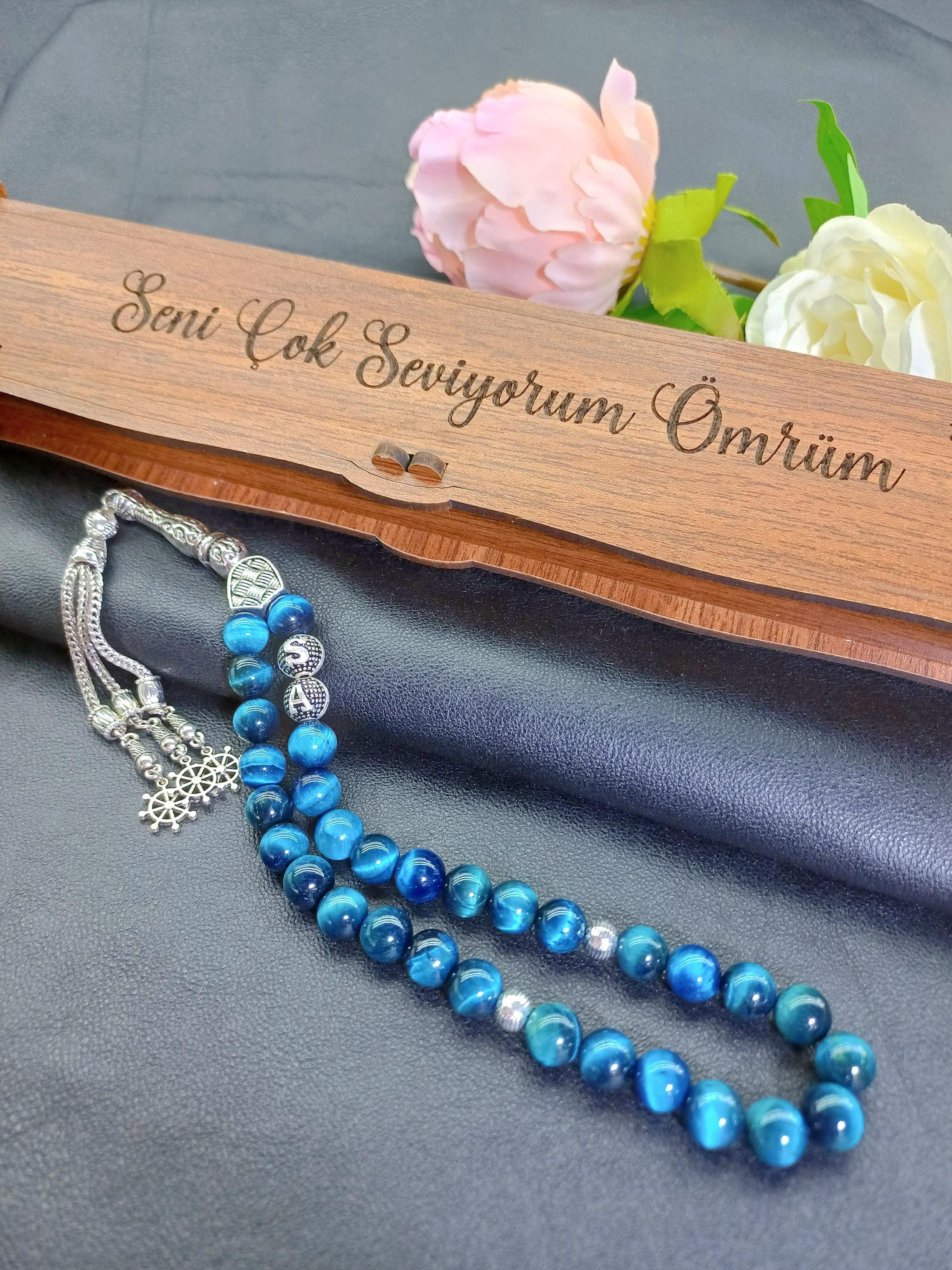 Blue Tiger Eye Tasbih with Custom Wooden Box - image 4