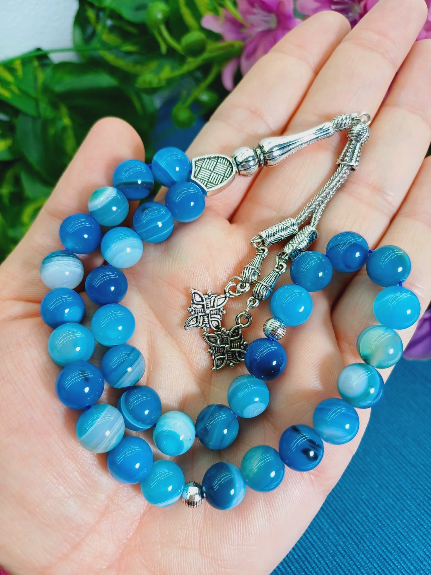 Blue Agate Rosary: Large 10 mm Islamic Prayer Beads