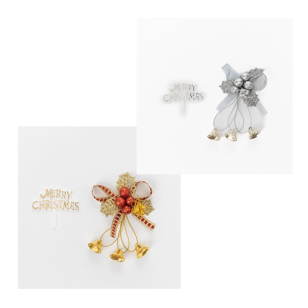 Christmas Cake Decoration topper Set Gold or silver Holly & Bells With Merry Christmas Sign