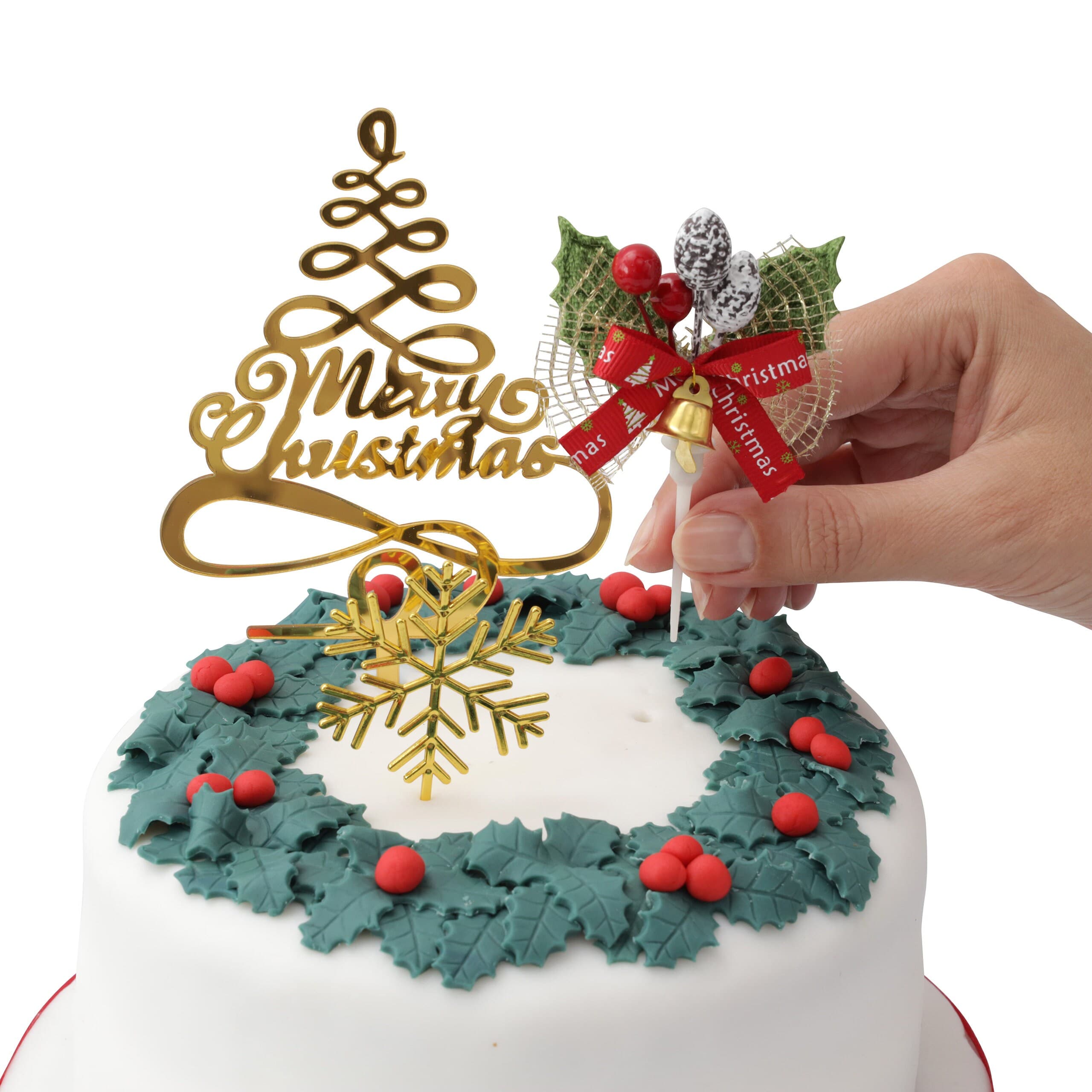 3 piece SET Green or Gold HOLLY Merry Christmas Cake Decorations log cupcake toppers