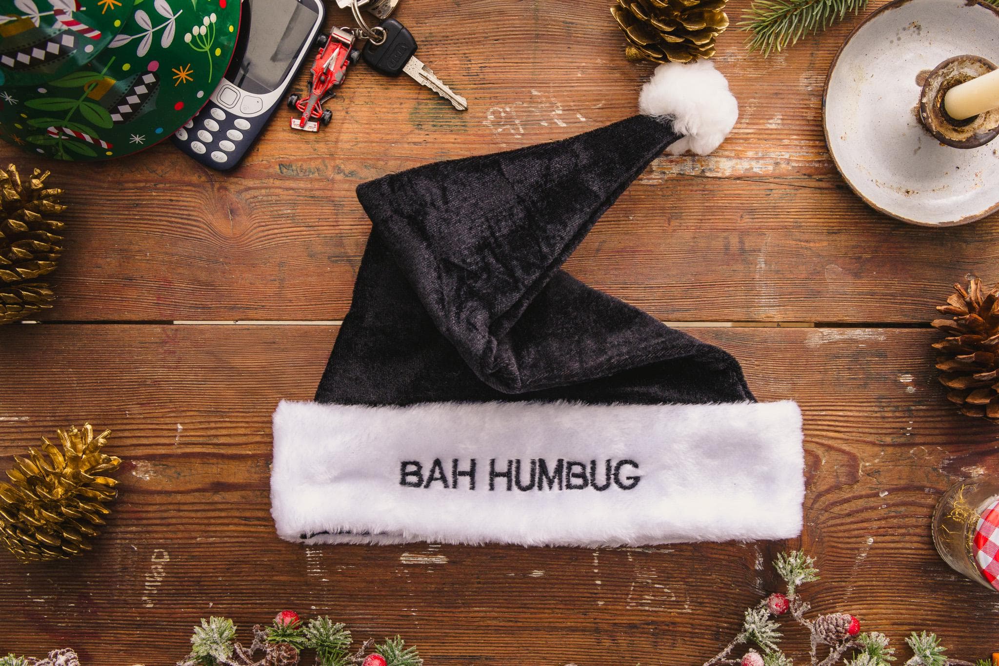 Father Christmas Santa Hat Party Deluxe Fancy Dress Bah Humbug Traditional black