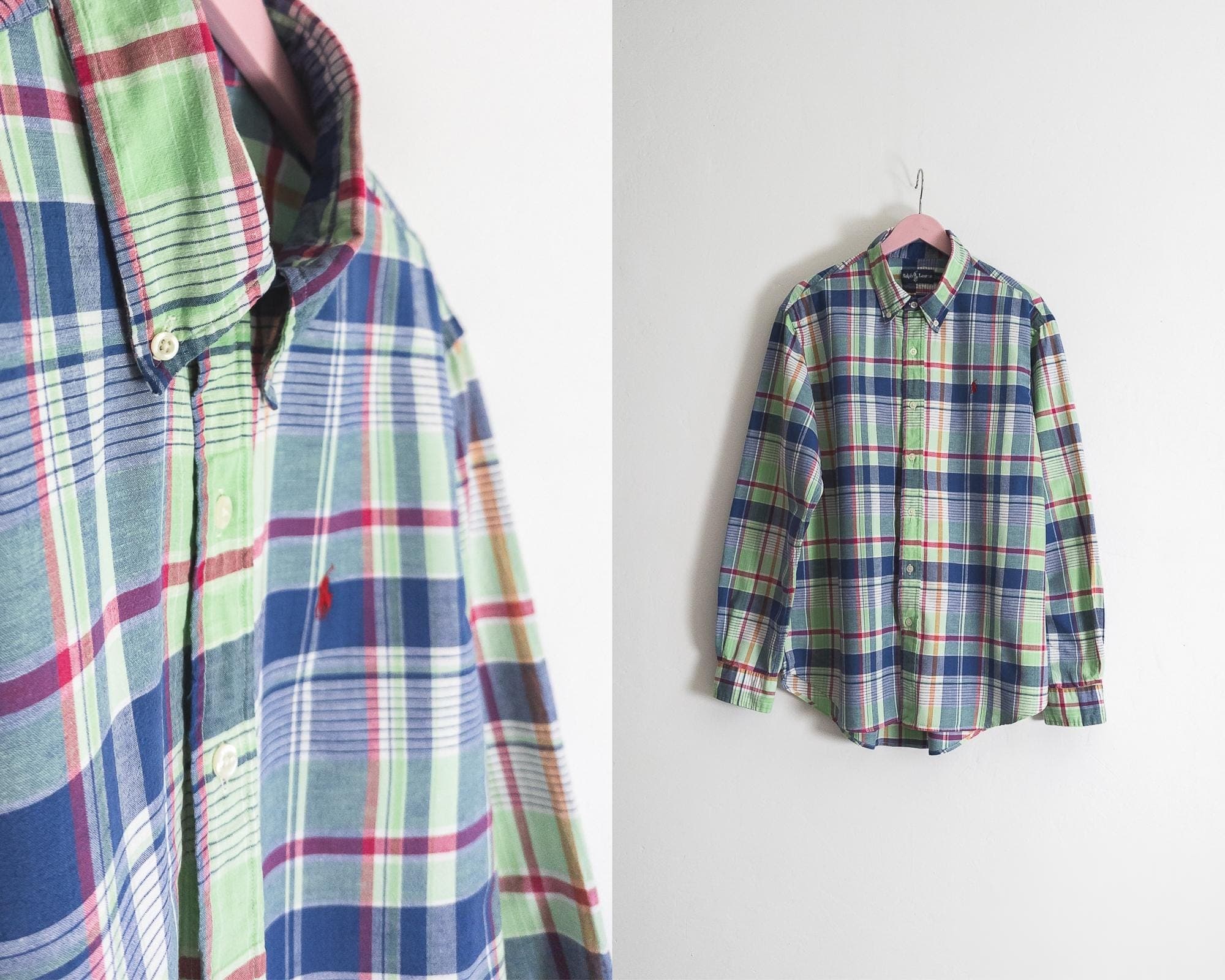 vintage madras plaid button up long sleeve shirt boyfriend fit xl – deep denim blue/light jade green/white/berry/mocha colorway