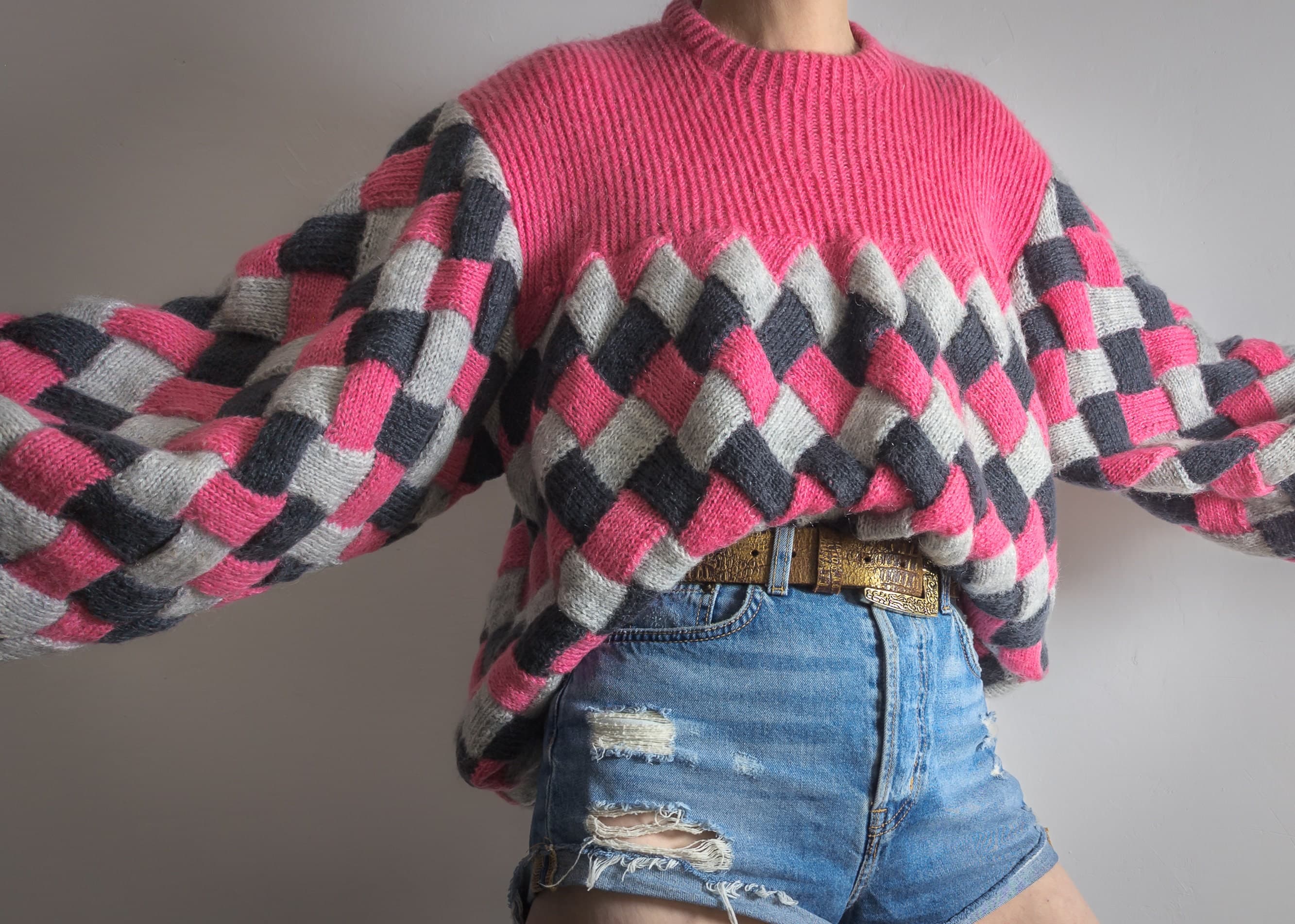 checkered knit sweater balloon sleeve knit check jumper vintage hand knit wool mohair hot pink gray checkerboard relaxed fit knit sweater - image 4