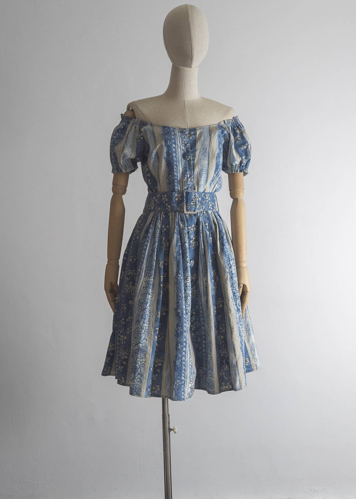 French blue short petticoat dress vintage Camaieu off-the-shoulder puffy short sleeve fluffy floral mini skater dress neutral blue and tan - image 3