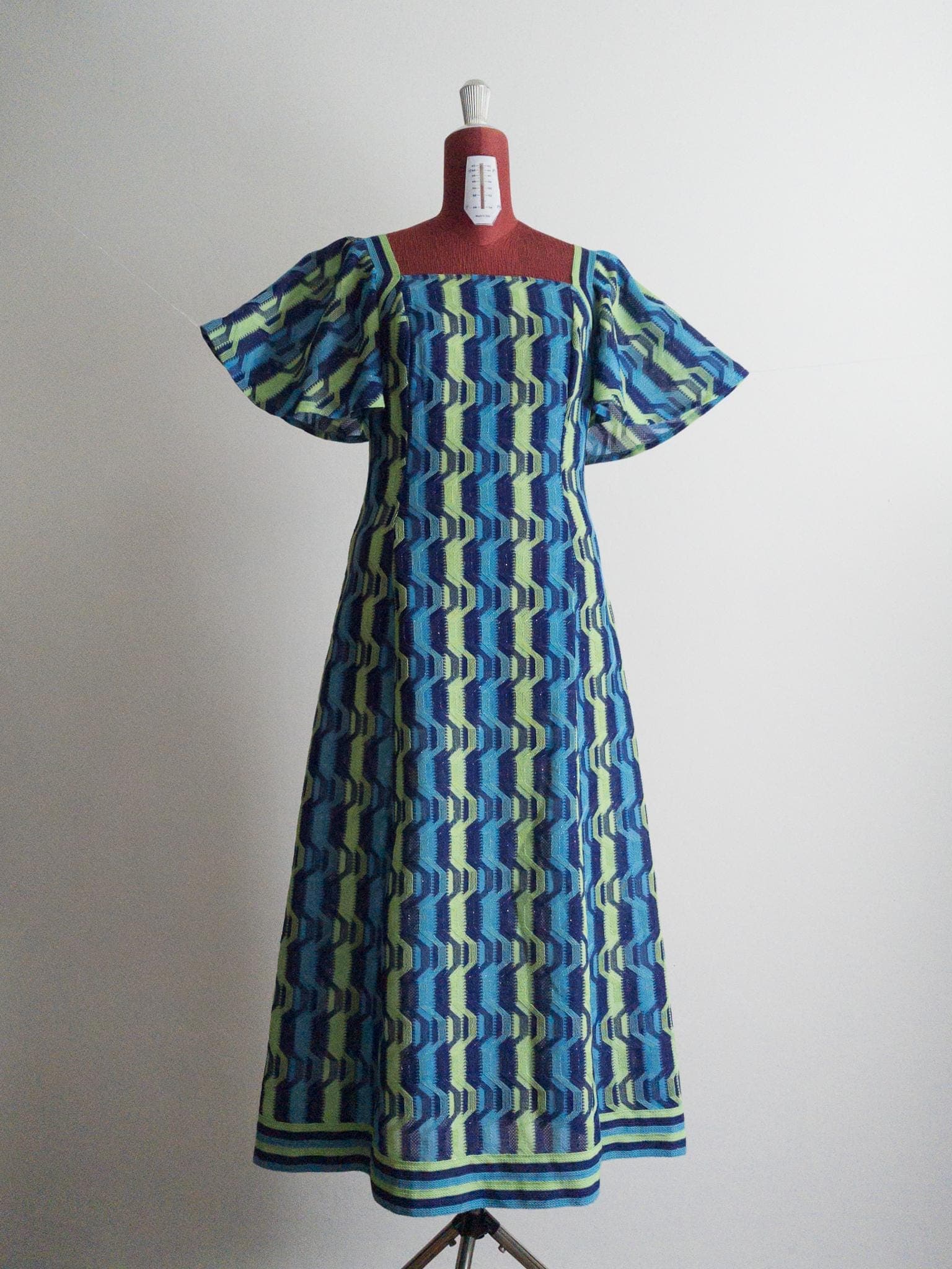 70s bohemian goddess maxi dress, 1970s psychedelic hostess gown - muted neon green/navy/sky blue - m/l - image 5