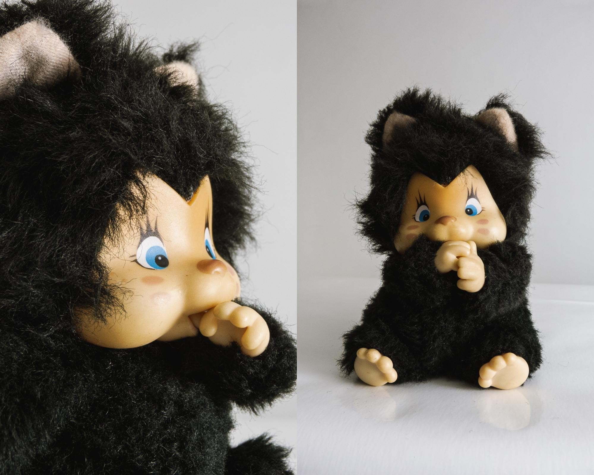 vintage 70s monchhichi nyamy kitten plush 1979, ash black with blush ears, sekiguchi japan