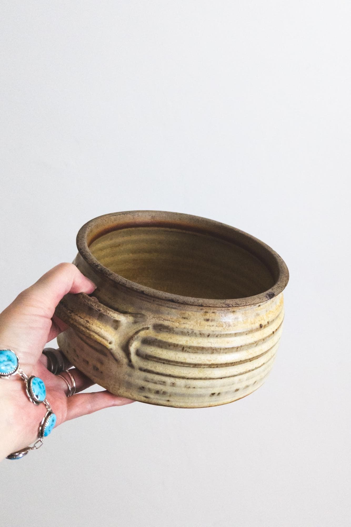 vintage pottery lugged bowl 1960's 70's stoneware glazed ceramic retro kitchen decor