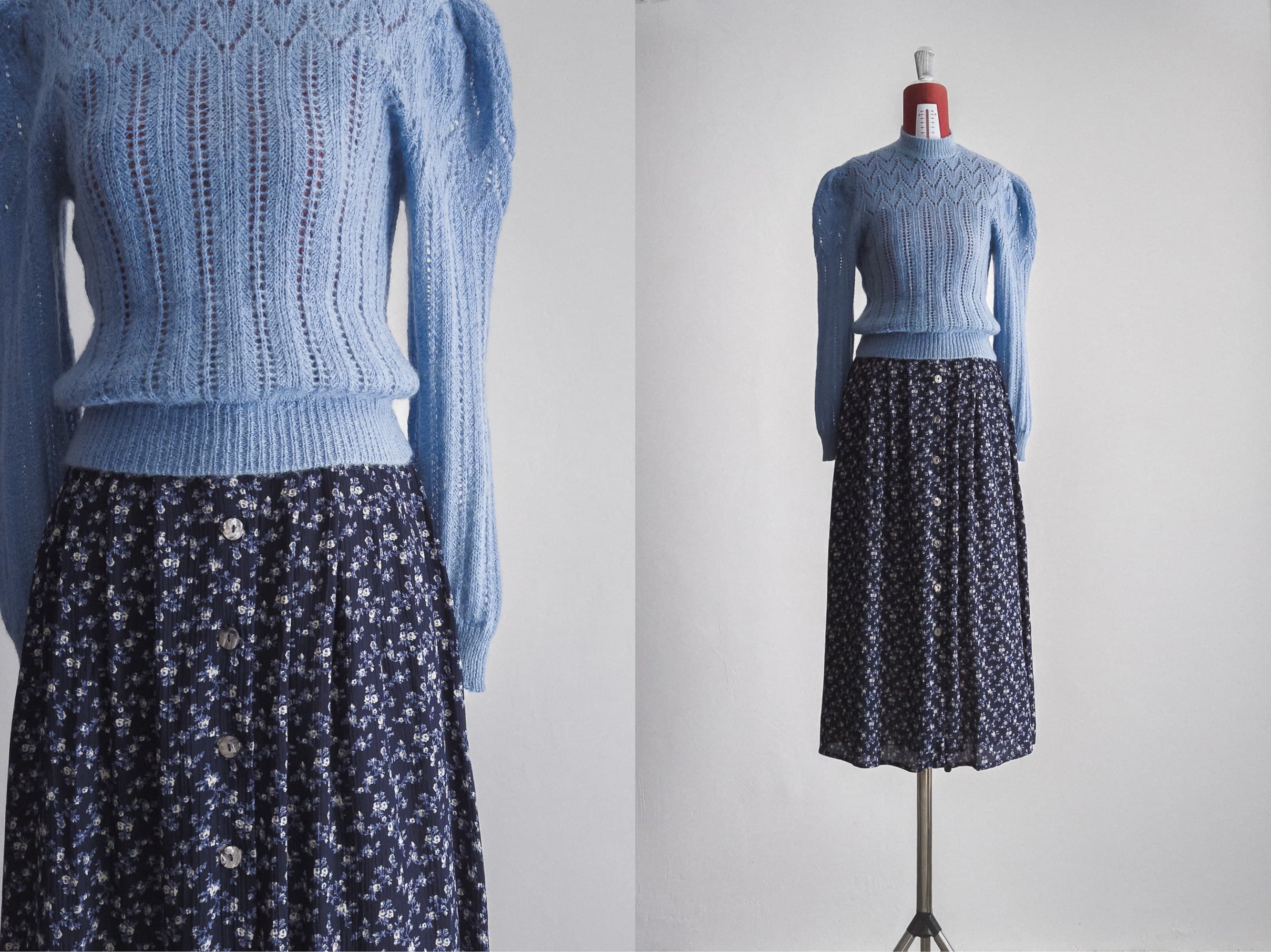 vintage dove blue open knit sweater - s