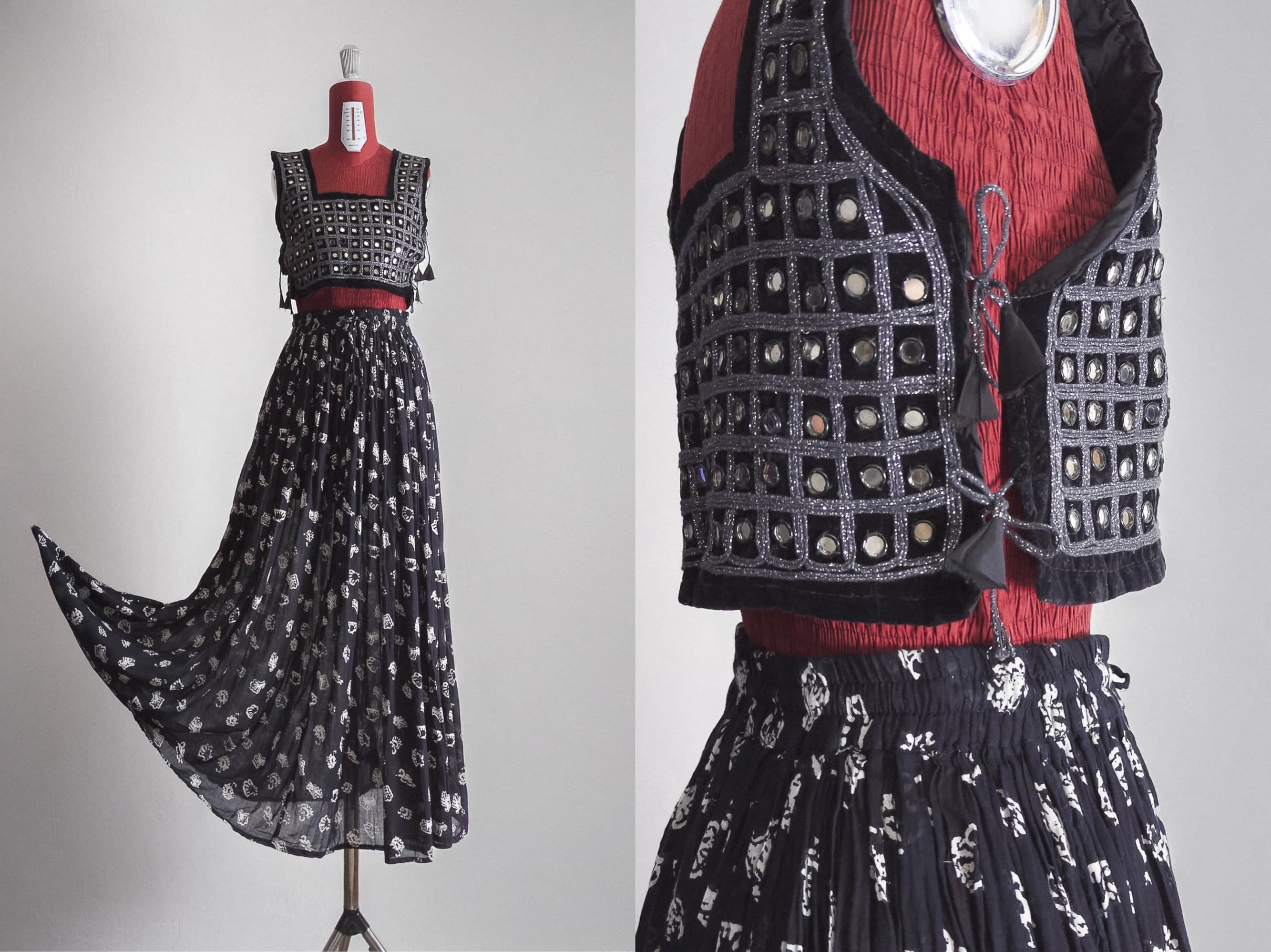 indian mirror work velvet crop top 70s mirror work and sparkle piping work black velvety sari top saree readymade handmade piece (xs/s)