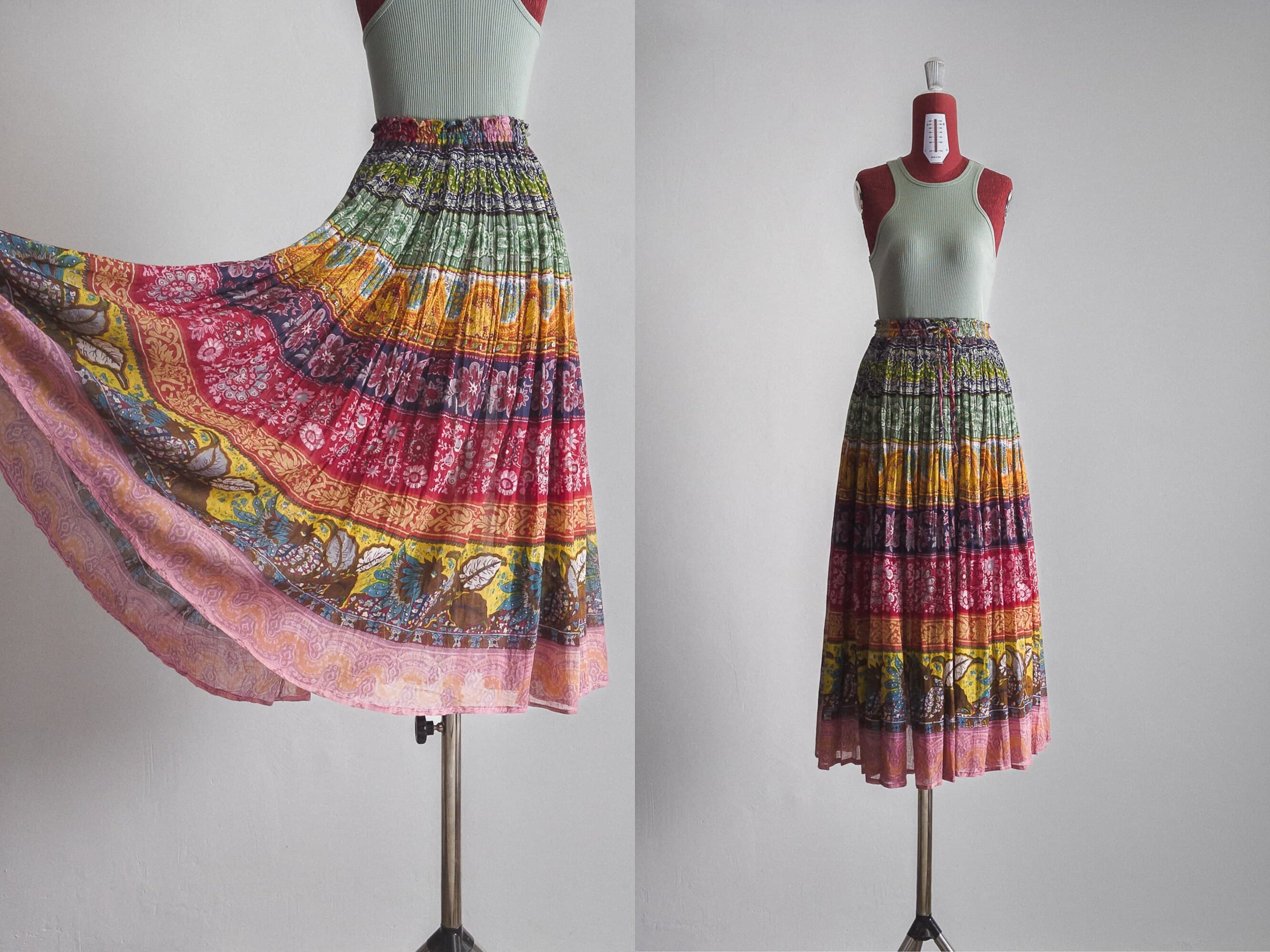 hippie gypsy boho muslin cotton gauze full skirt block print free size