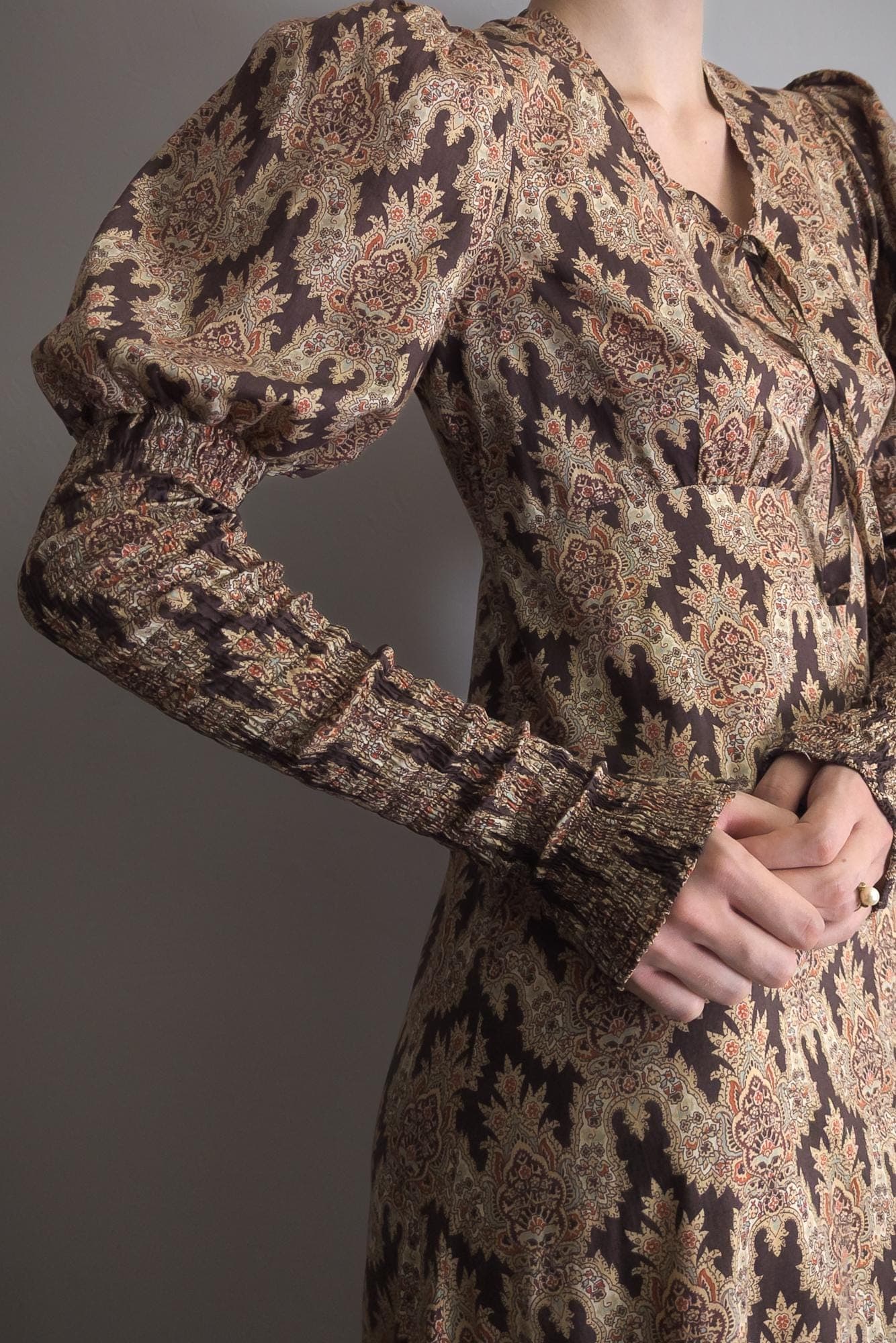 juliet smocked sleeve prairie dress liberty of london cotton 1960s 70s bluestocking by beth brett earthy tone renaissance empire maxi dress - image 3