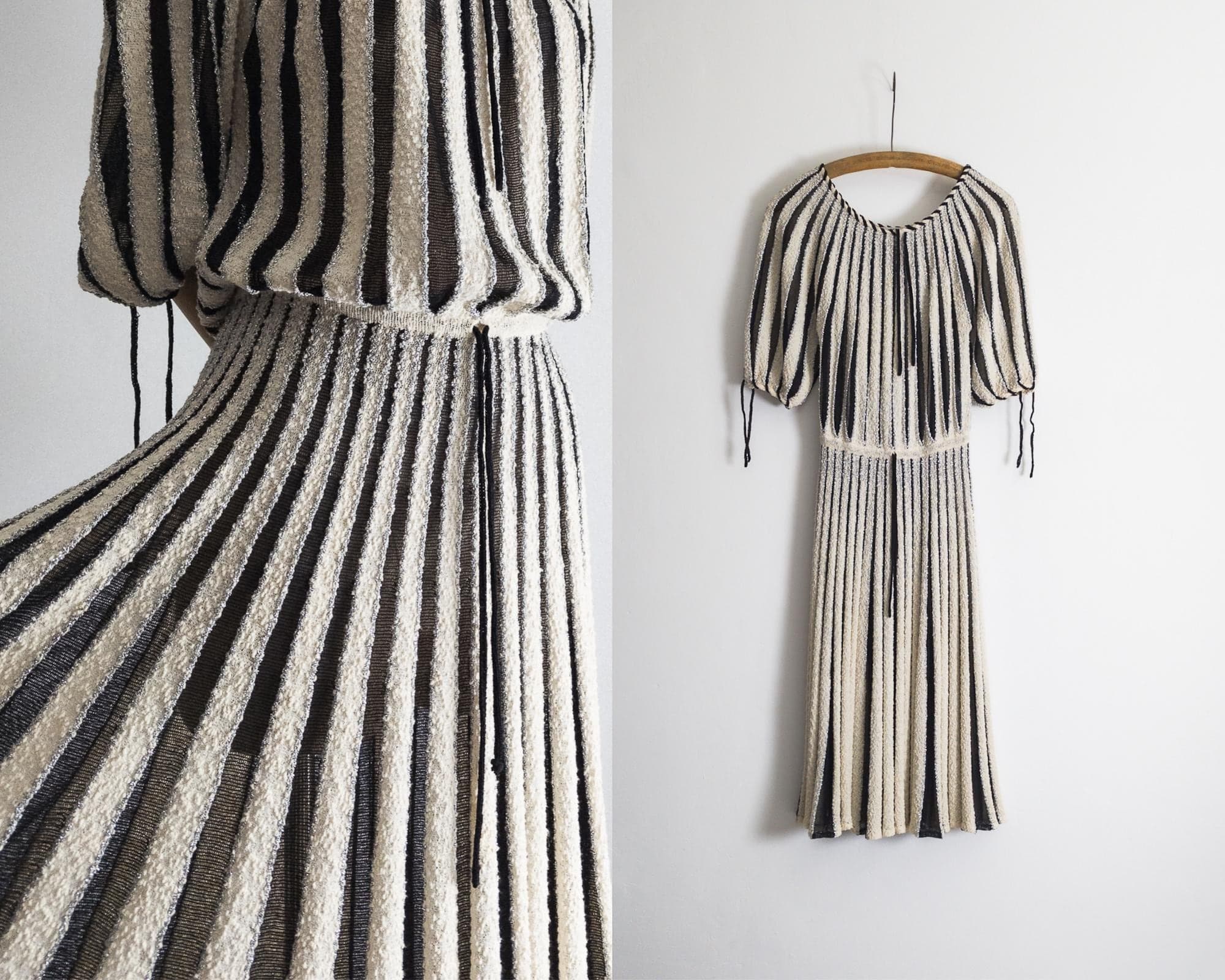 1970s andrina fells lurex knit dress – romantic, space age – antique white/black/silver