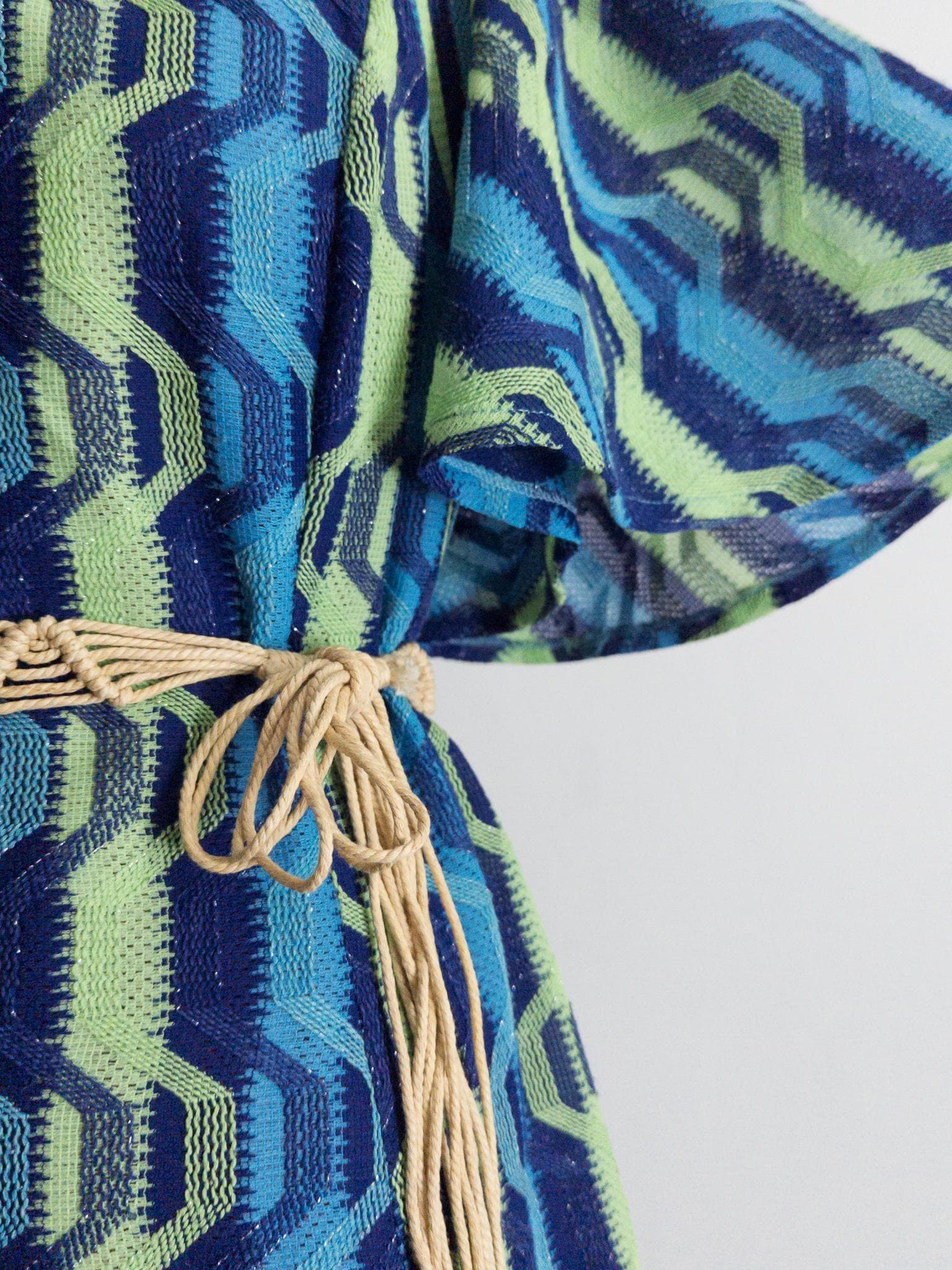 70s bohemian goddess maxi dress, 1970s psychedelic hostess gown - muted neon green/navy/sky blue - m/l