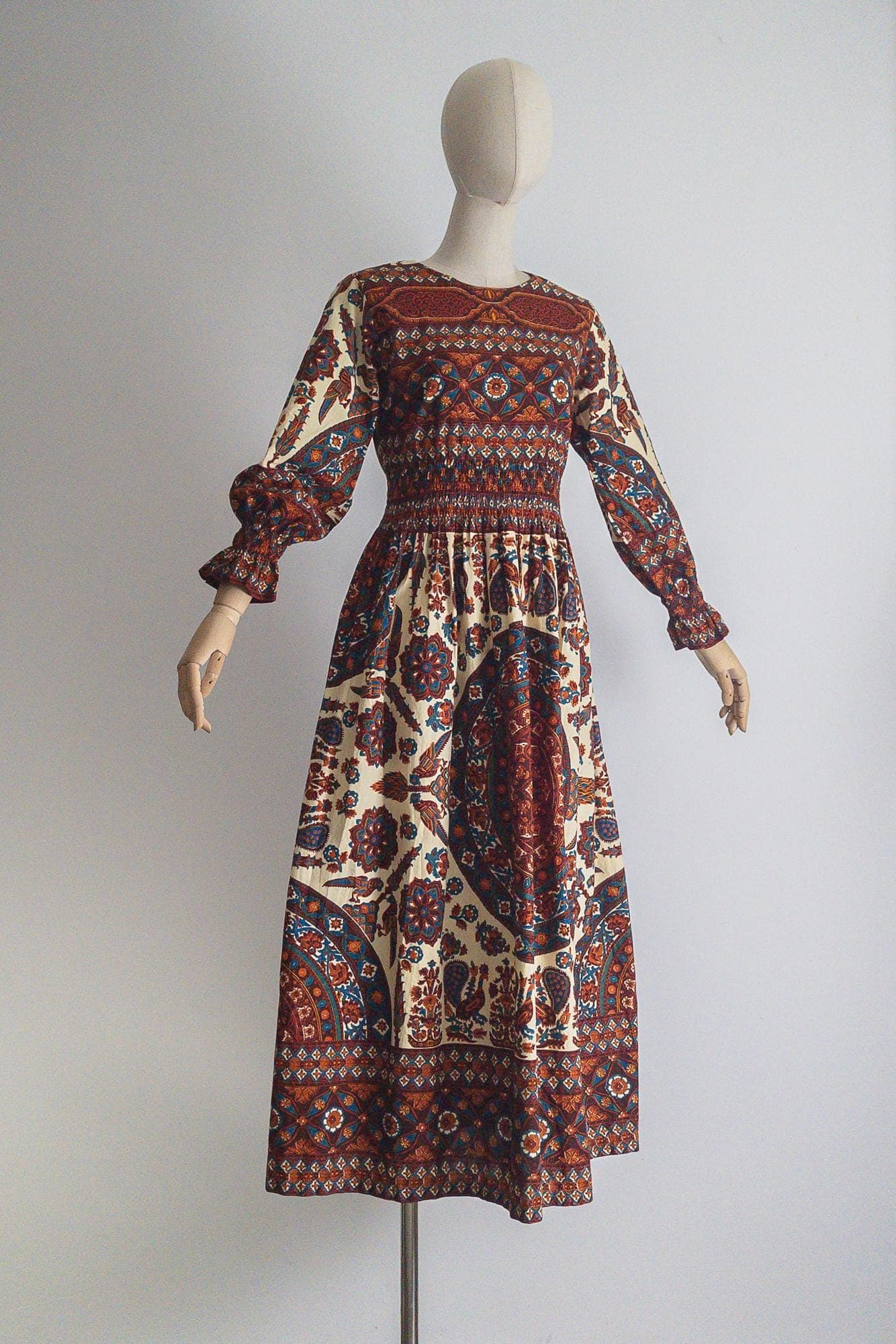 vintage ethnic cotton smocked boho dress tribal maxi - small - image 5