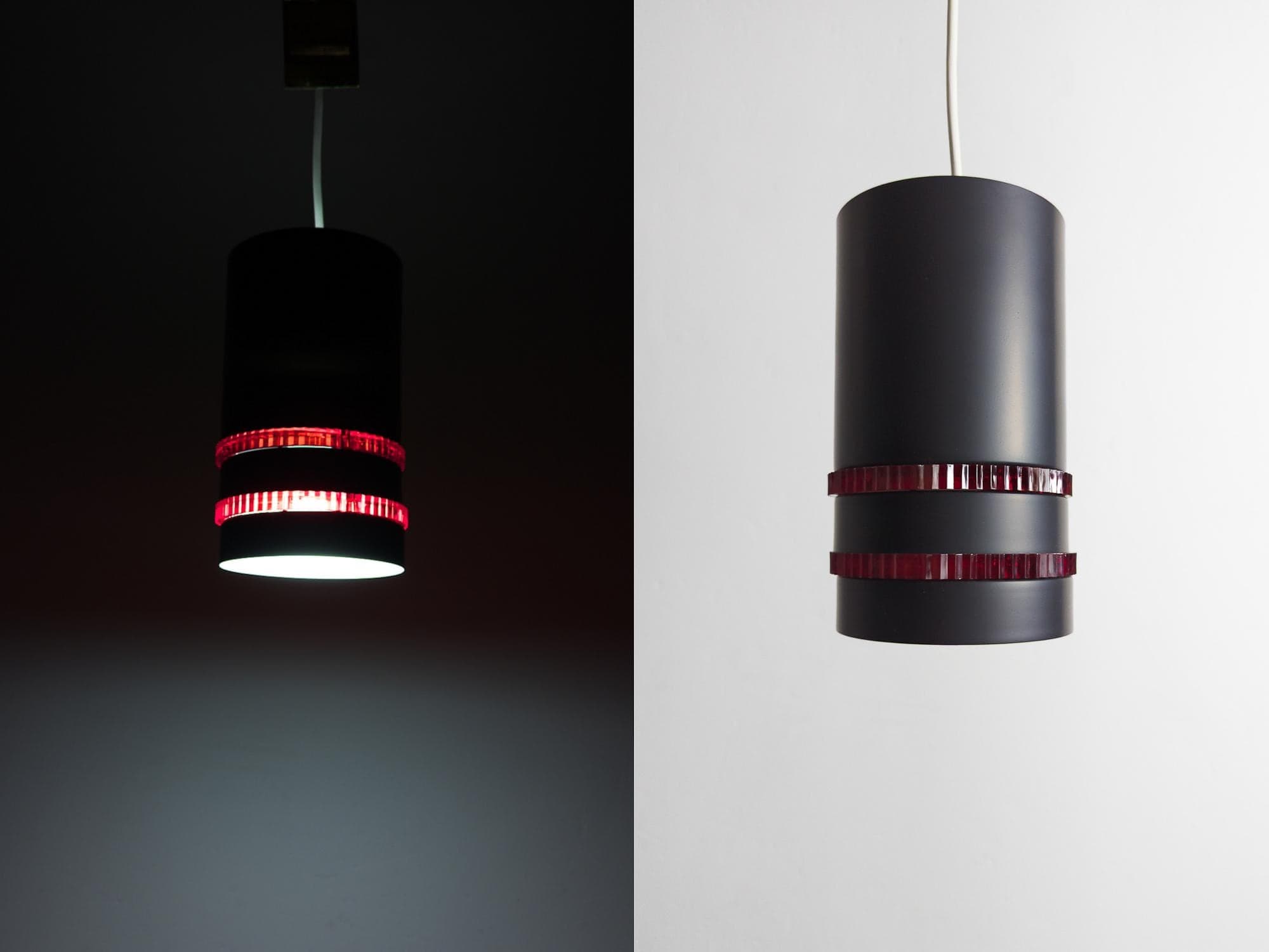 mid-century ufo ceiling pendant light, painted black metal with dual fire red plexiglass finish and aluminum inside, germany 1960s-1970s.