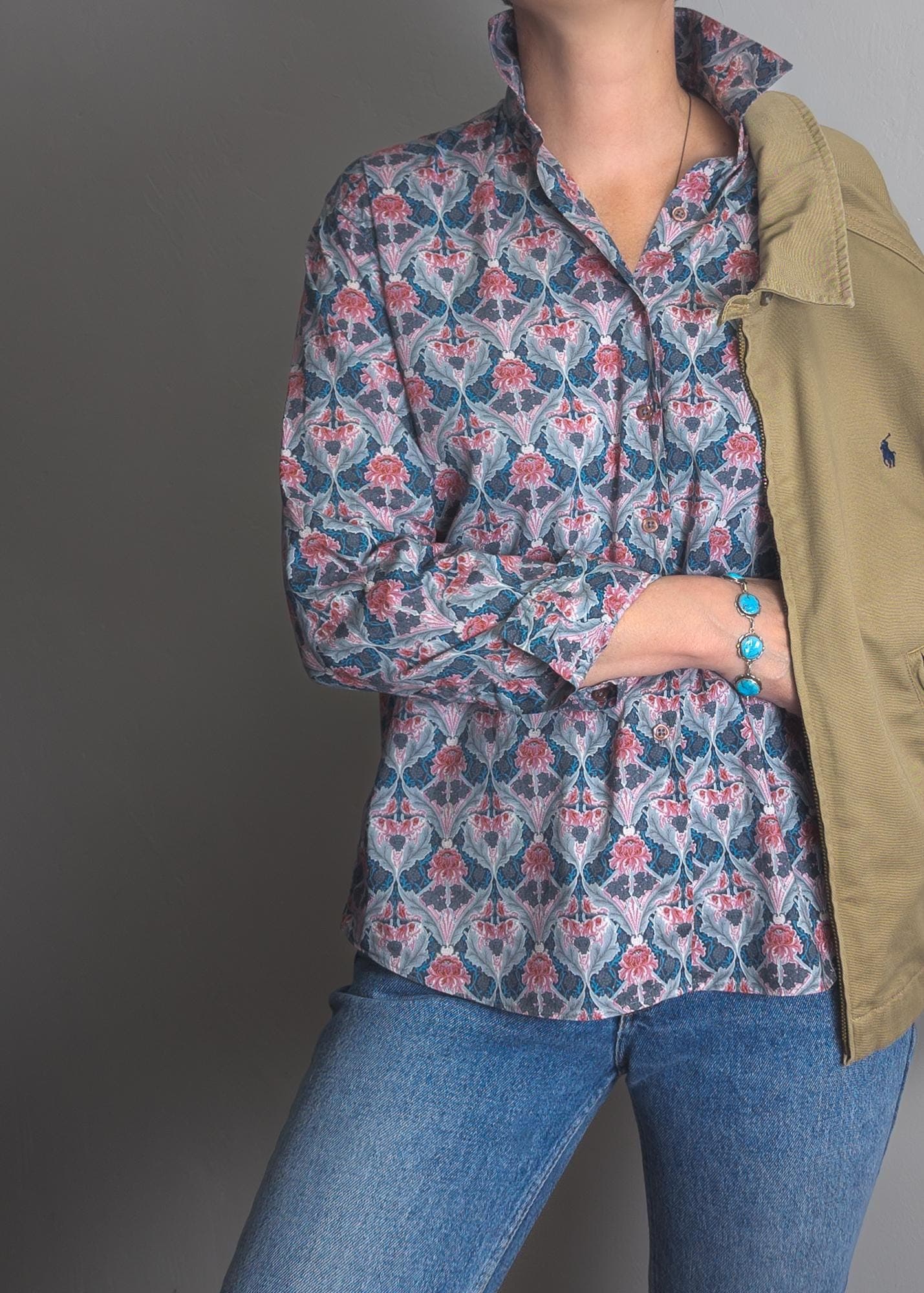 liberty cotton dress shirt women's button-front shirt ladies french blue/dusty mauve liberty fabric tana lawn cotton (xs/s) - image 3