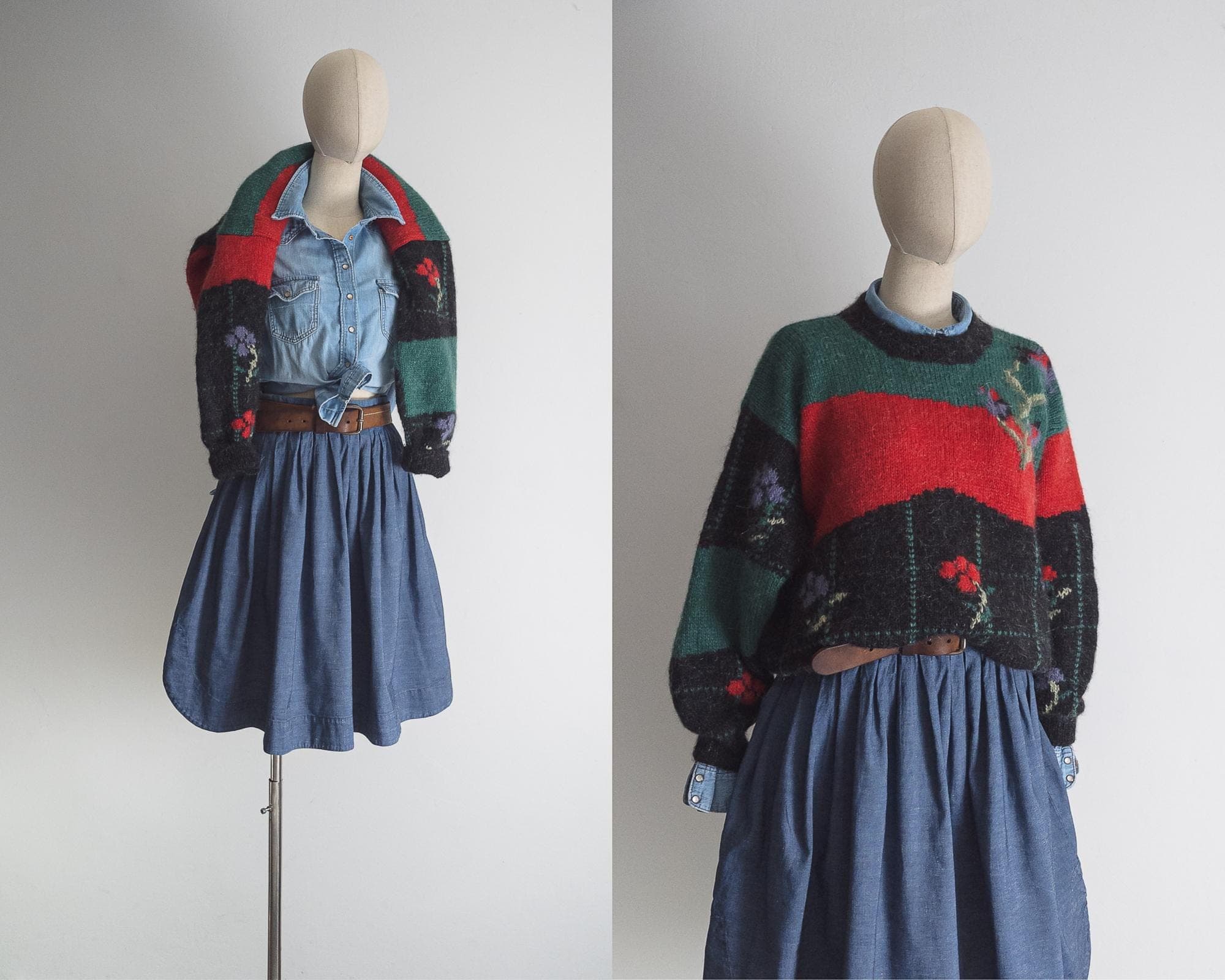 vintage 1980s floral intarsia pullover sweater - wool and mohair blend hand-knitted colorblock in heather charcoal, forest green and berry