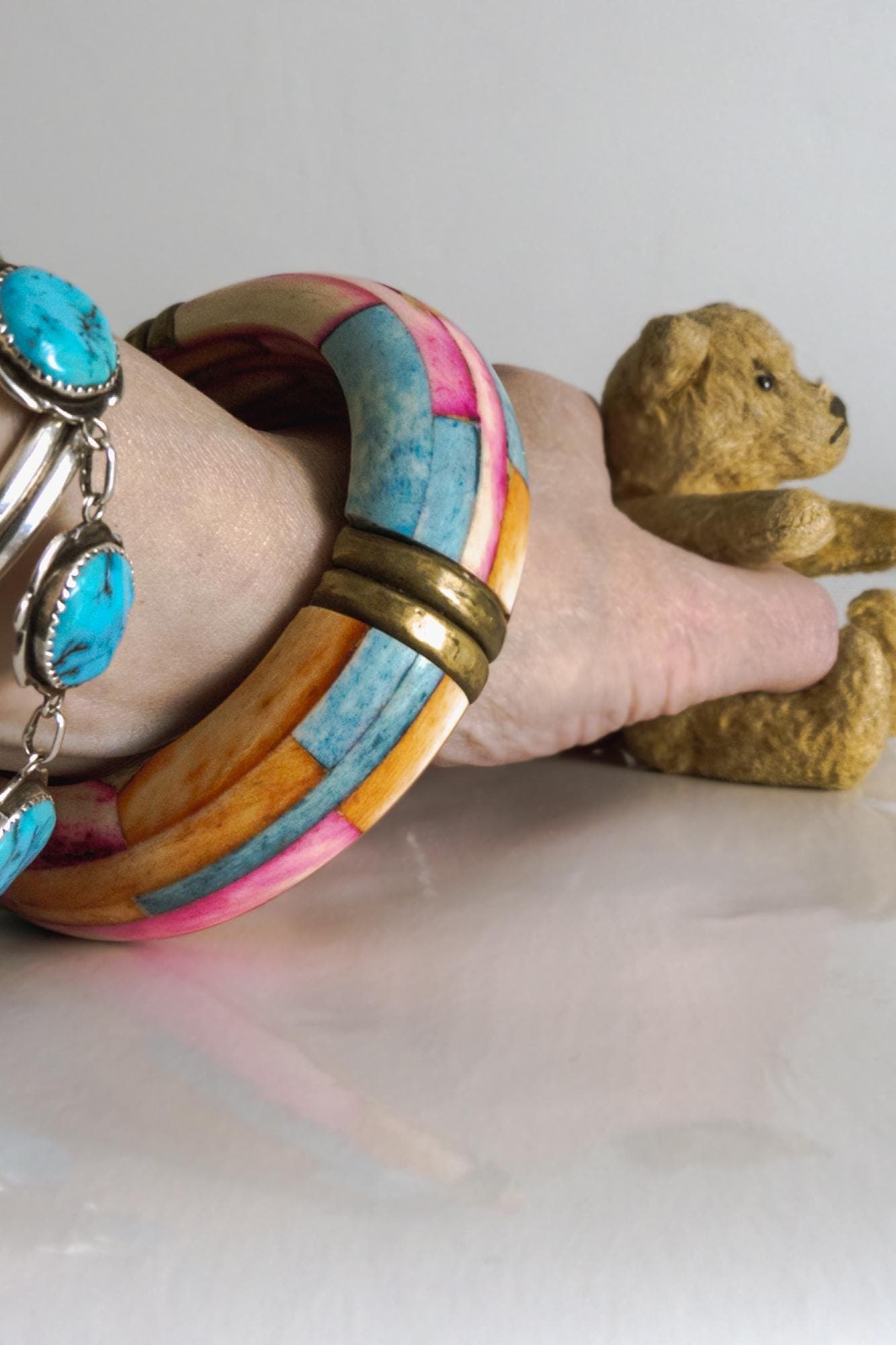 vintage chunky boho tribal bangle fully inlaid hand-painted natural inlay brass inserts 1980s 1990s - image 3