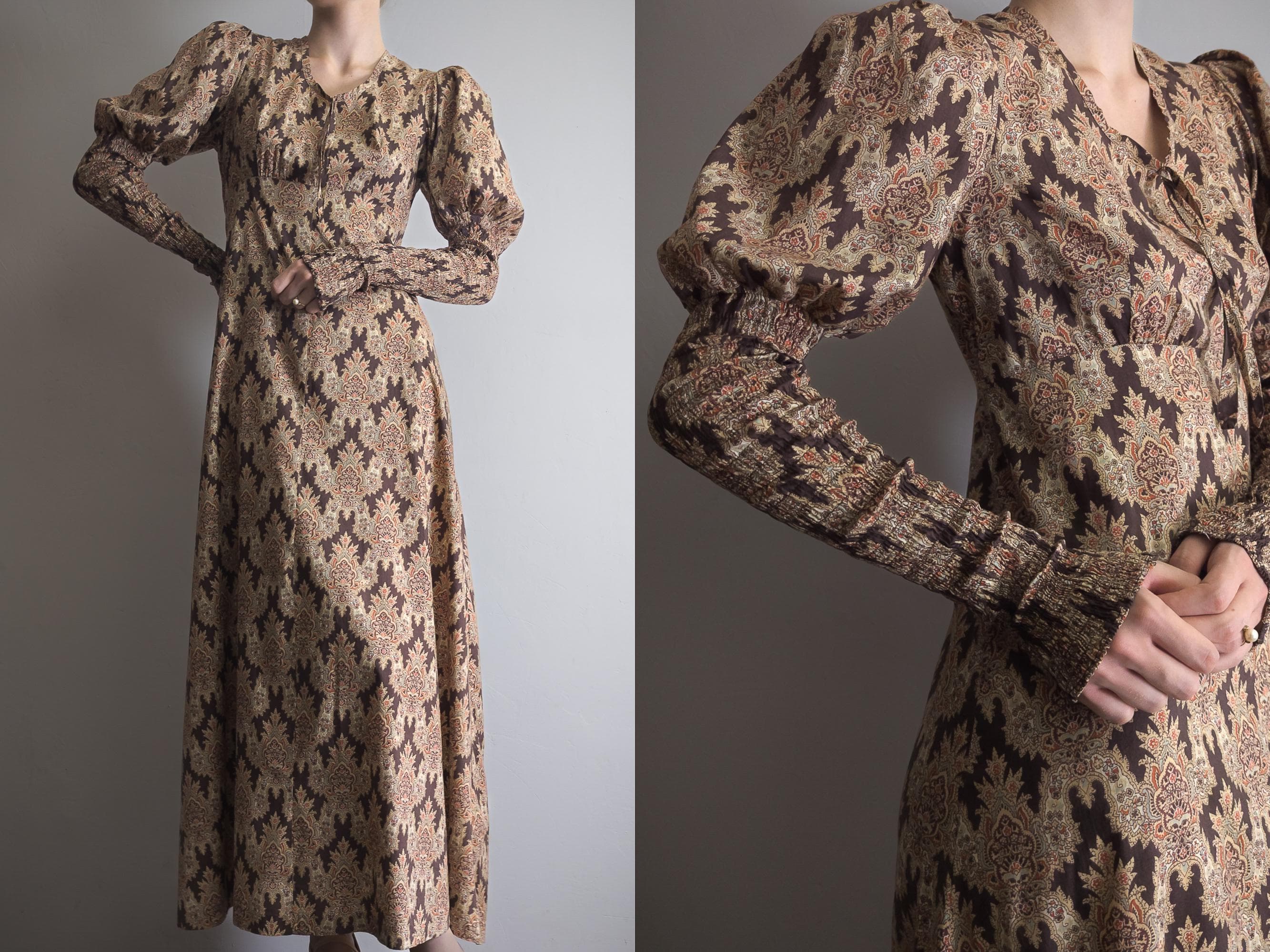 juliet smocked sleeve prairie dress liberty of london cotton 1960s 70s bluestocking by beth brett earthy tone renaissance empire maxi dress