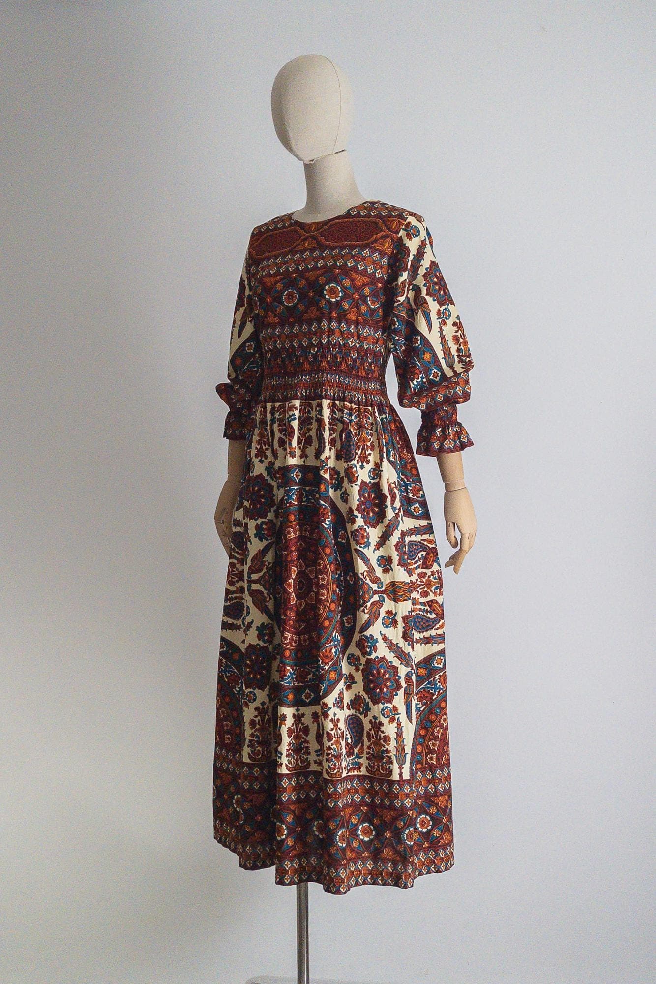 vintage ethnic cotton smocked boho dress tribal maxi - small - image 3