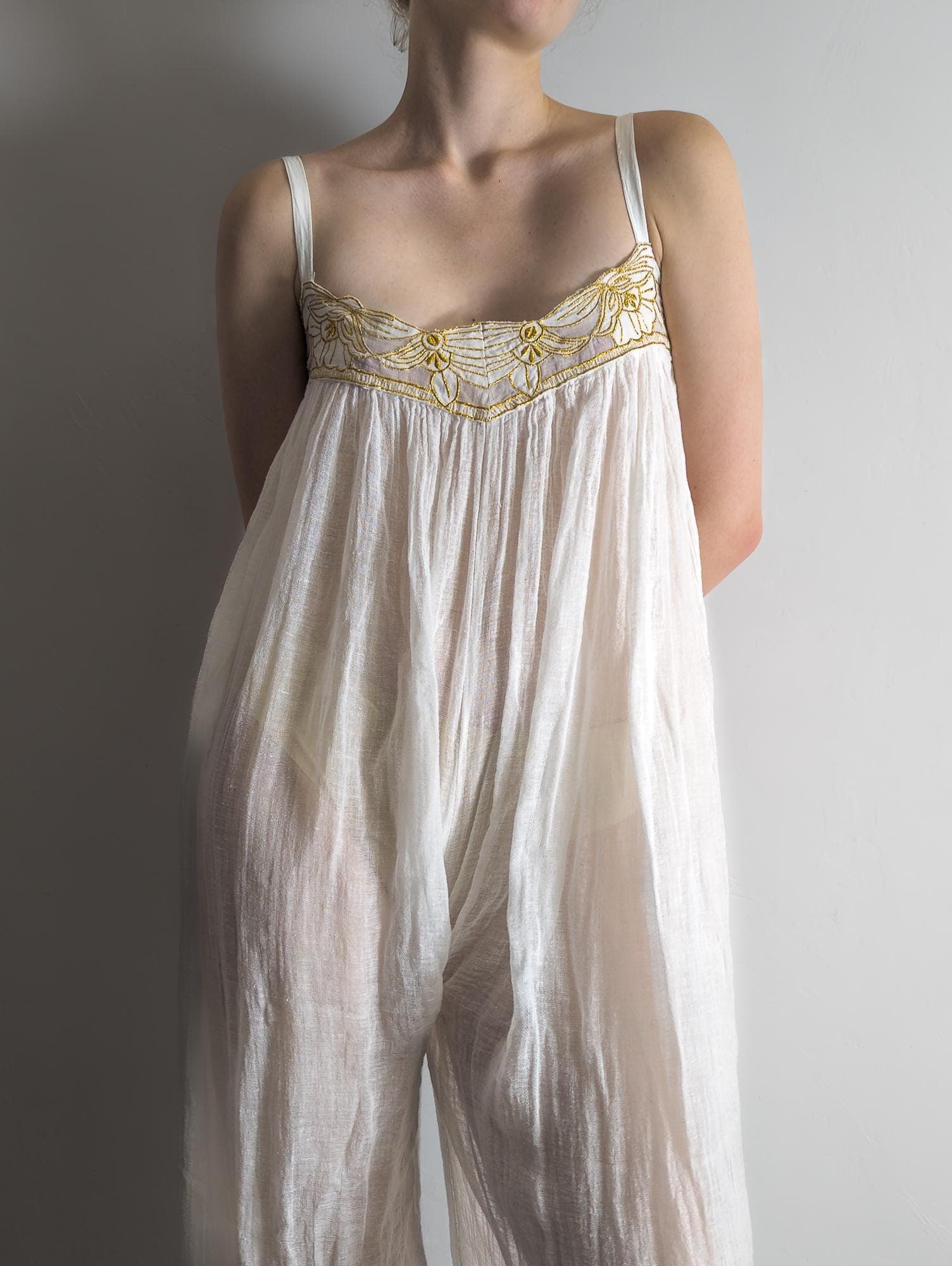 indian 60s boho white gauze jumpsuit w/gold embroidery by free look. spaghetti strap petite jumpsuit. harem pants semisheer jumpsuit xs/s - image 3