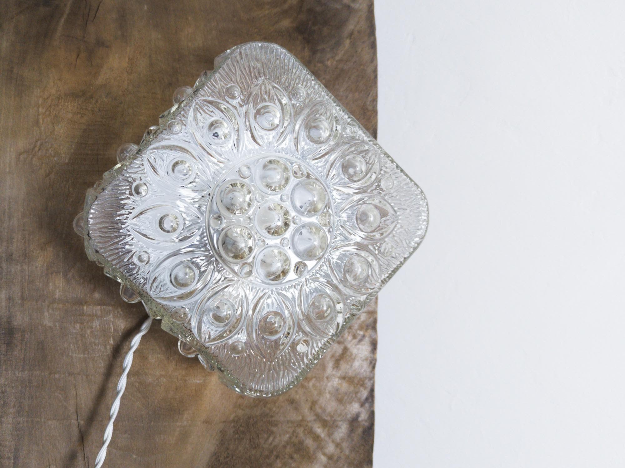 bubble glass wall lamp/flush mount ceiling light - solid glass shade/metal - long cord, plug, and switch. unknown origin.