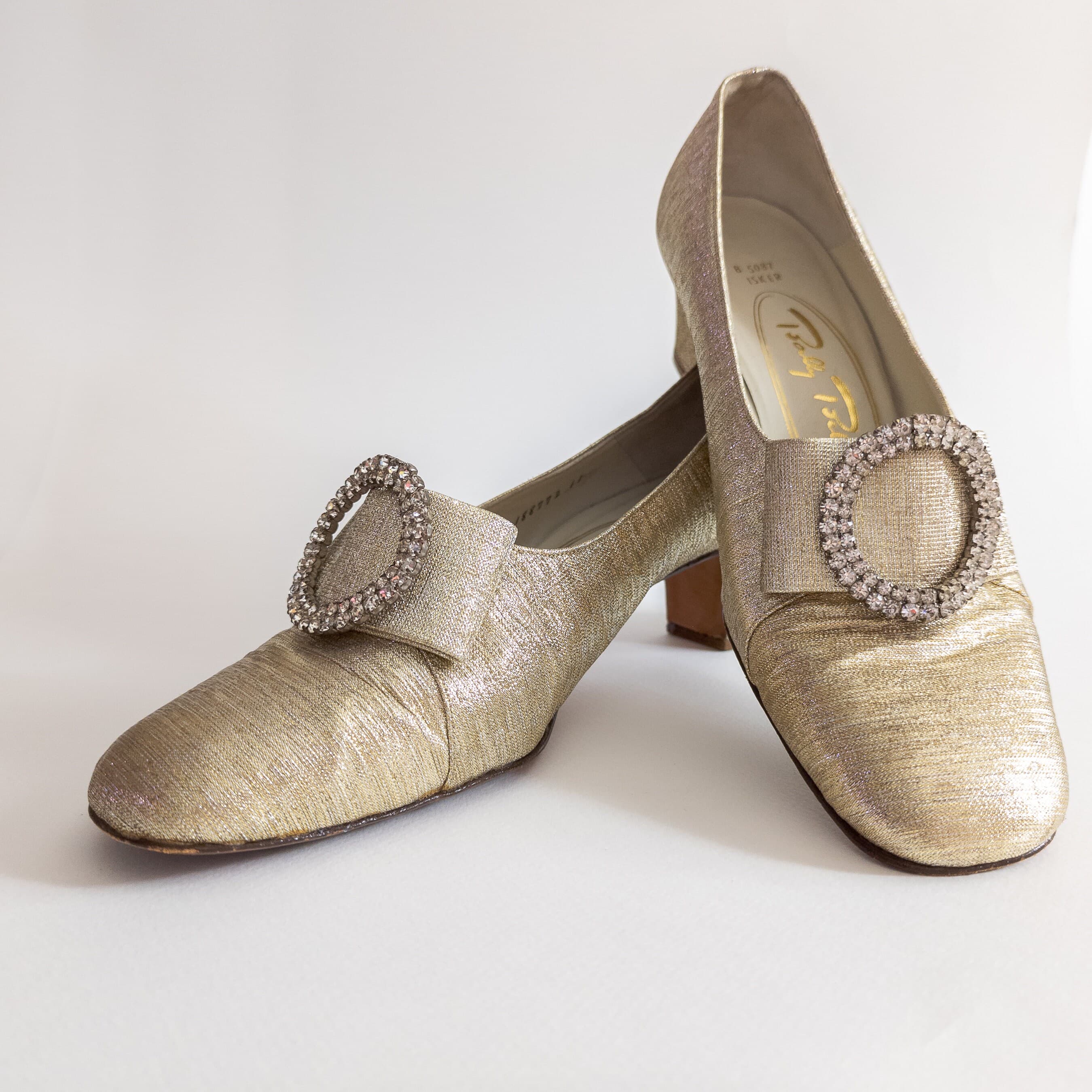1960s pumps Bally Bellezza lamé baroque gold pumps shoes rhinestone buckle bow heels almond toe, 8.5 shoes