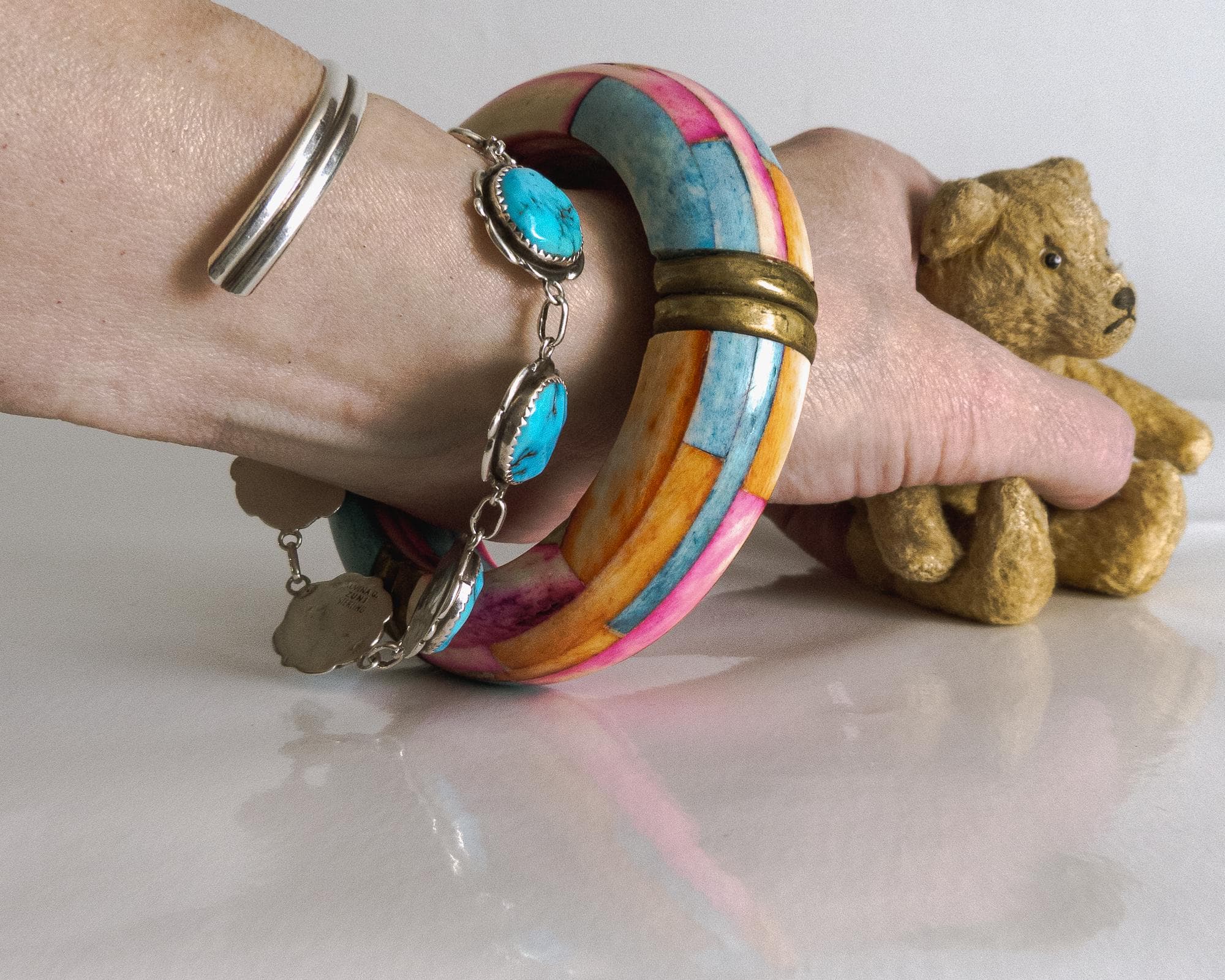 vintage chunky boho tribal bangle fully inlaid hand-painted natural inlay brass inserts 1980s 1990s