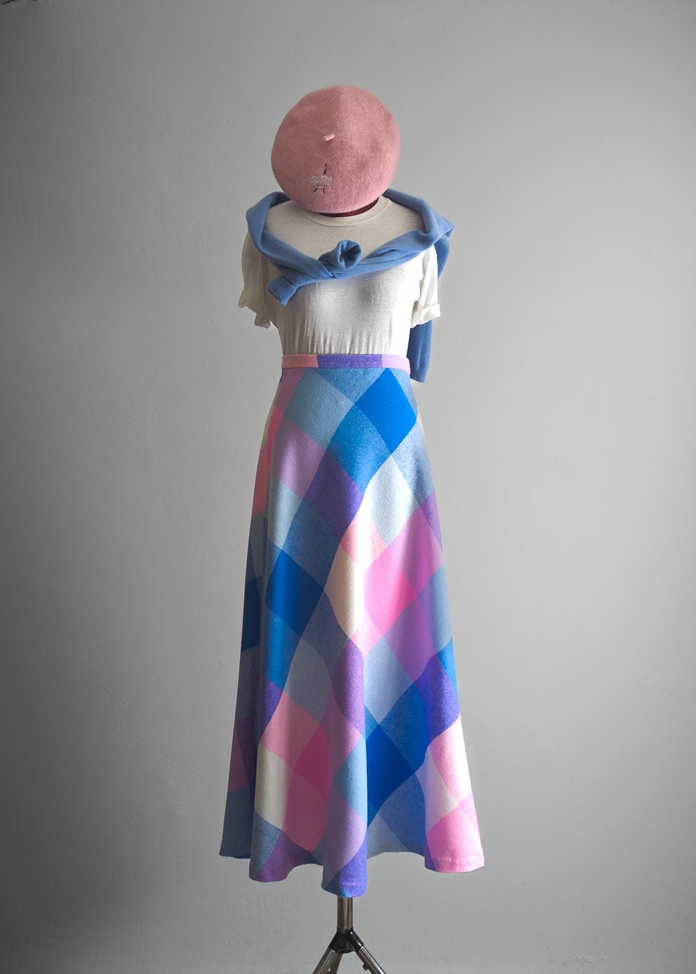 vintage groovy plaid maxi skirt—1970s long flared skirt—bold high waisted maxi skirt—hot pink/baby blue/white/lavender pink—acrylic—medium - image 4