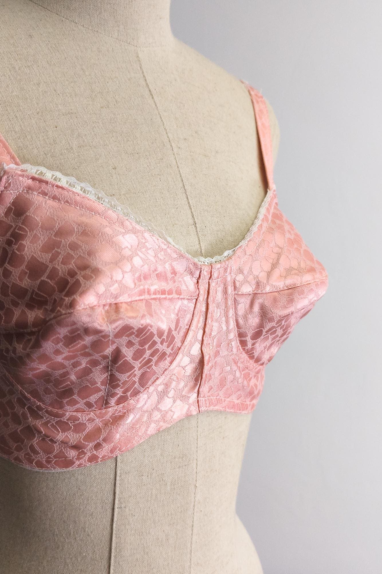1990s bullet bra vintage 90s light hot pink jacquard cotton satin strap bullet bra vintage 1990's conical bust - image 4