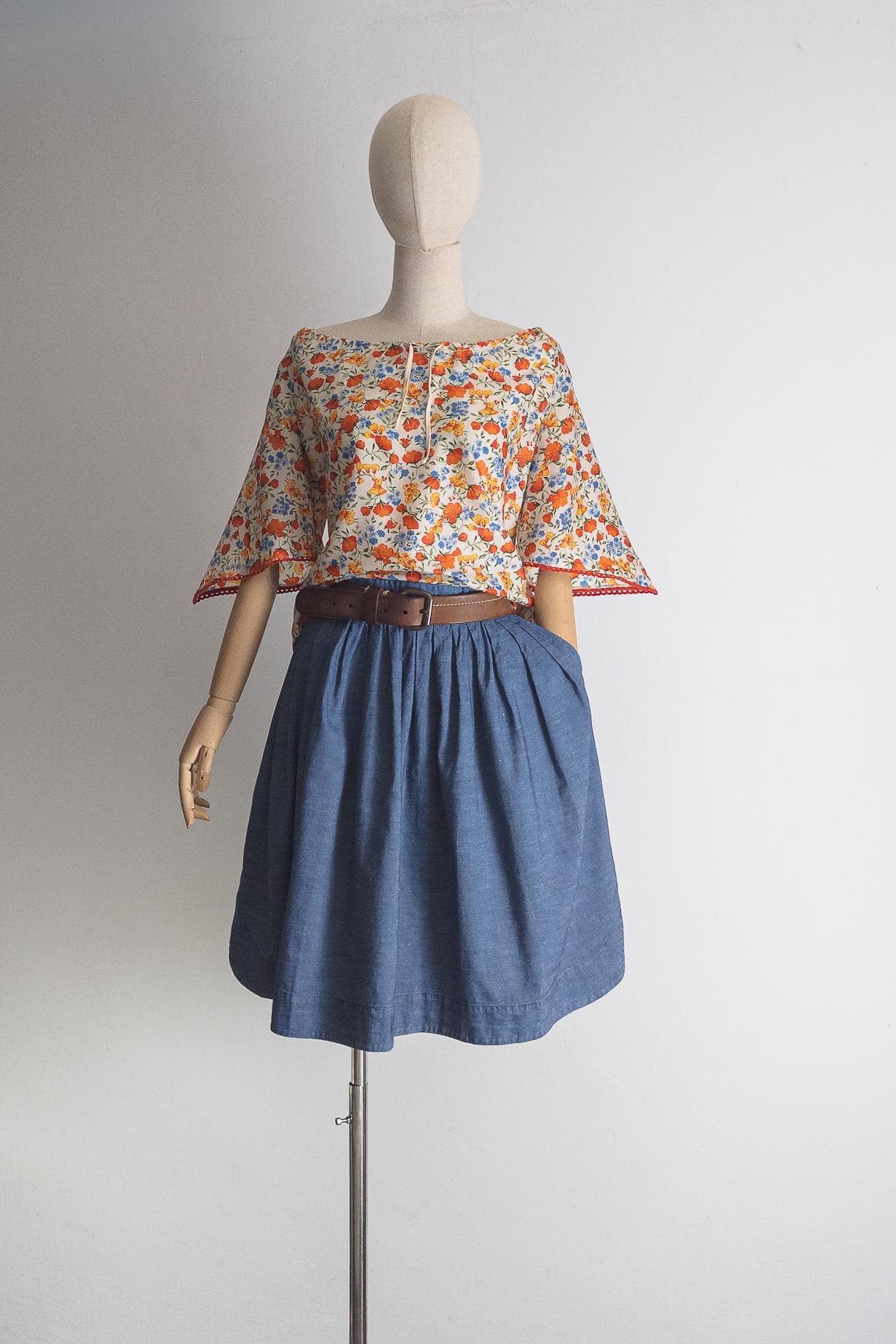 mod 1970s medieval western peasant top – vintage prairie blouse with pointed bell sleeves – poppy, cornflower & orange wildflower print – s - image 4