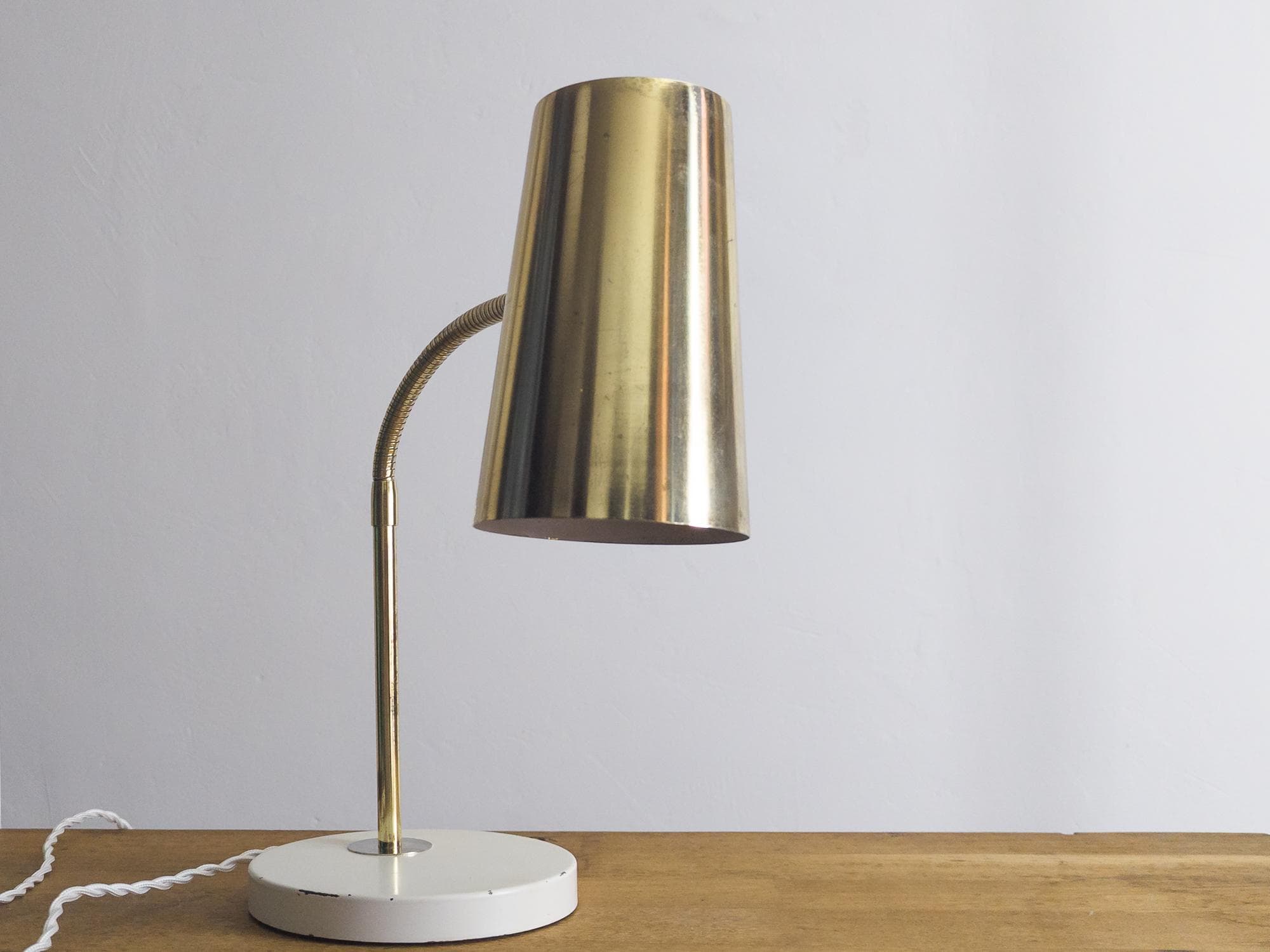 mid century desk table lamp - golden/white - 1970s east german desk lamp – veb leuchtenbau lengefeld - stamped with a date