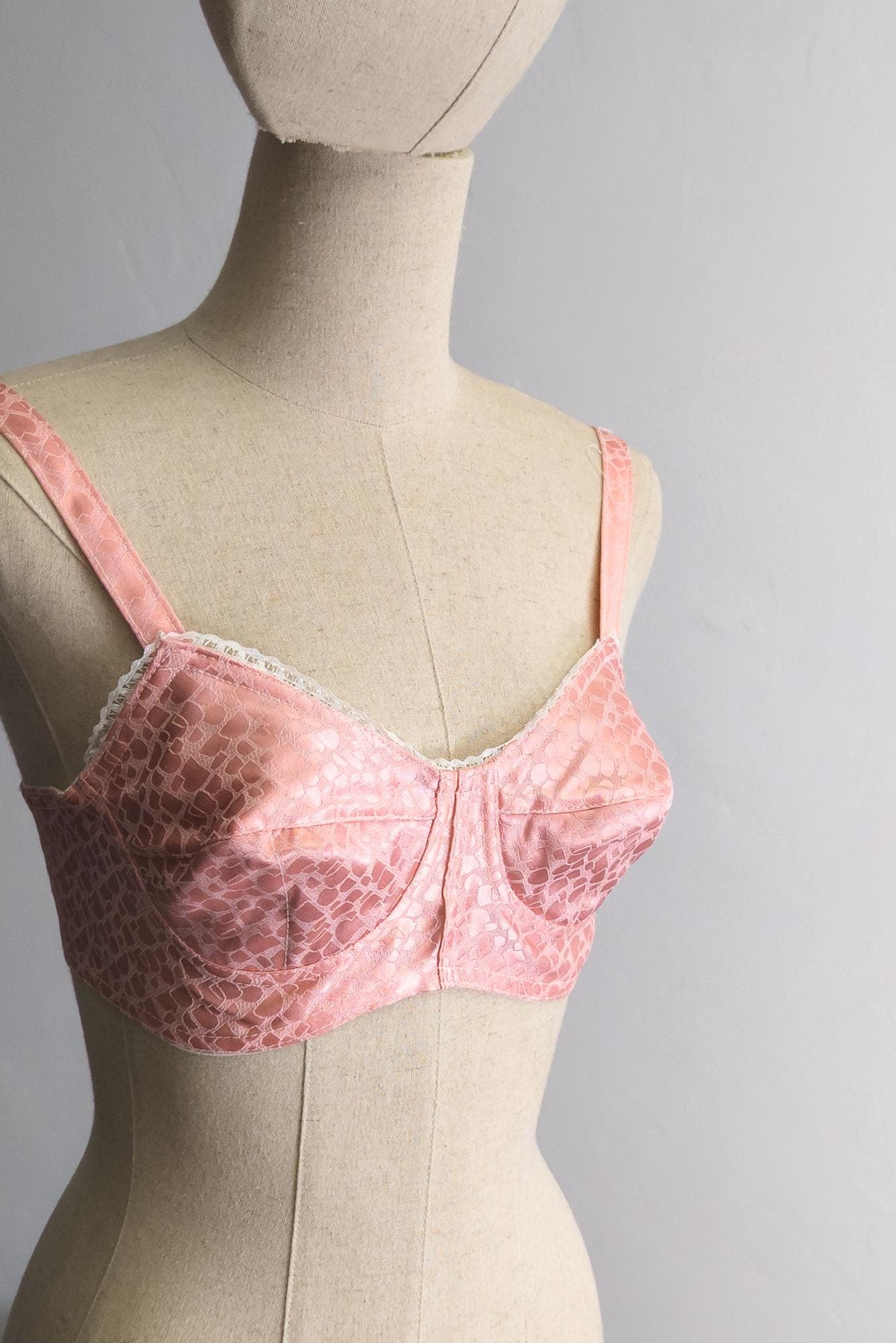 1990s bullet bra vintage 90s light hot pink jacquard cotton satin strap bullet bra vintage 1990's conical bust - image 3