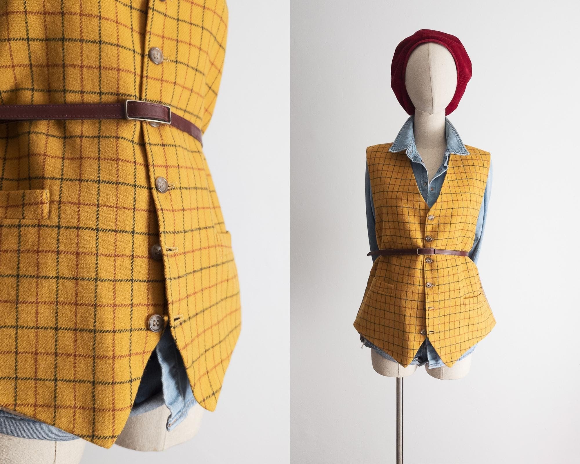 vintage mustard plaid vest. tattersall waistcoat.