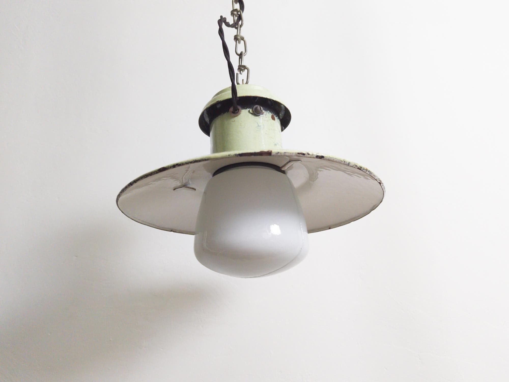 industrial porcelain enamel hanging light - sage green/white - metal/glass/long chain/twisted fabric cable wire flexible cord