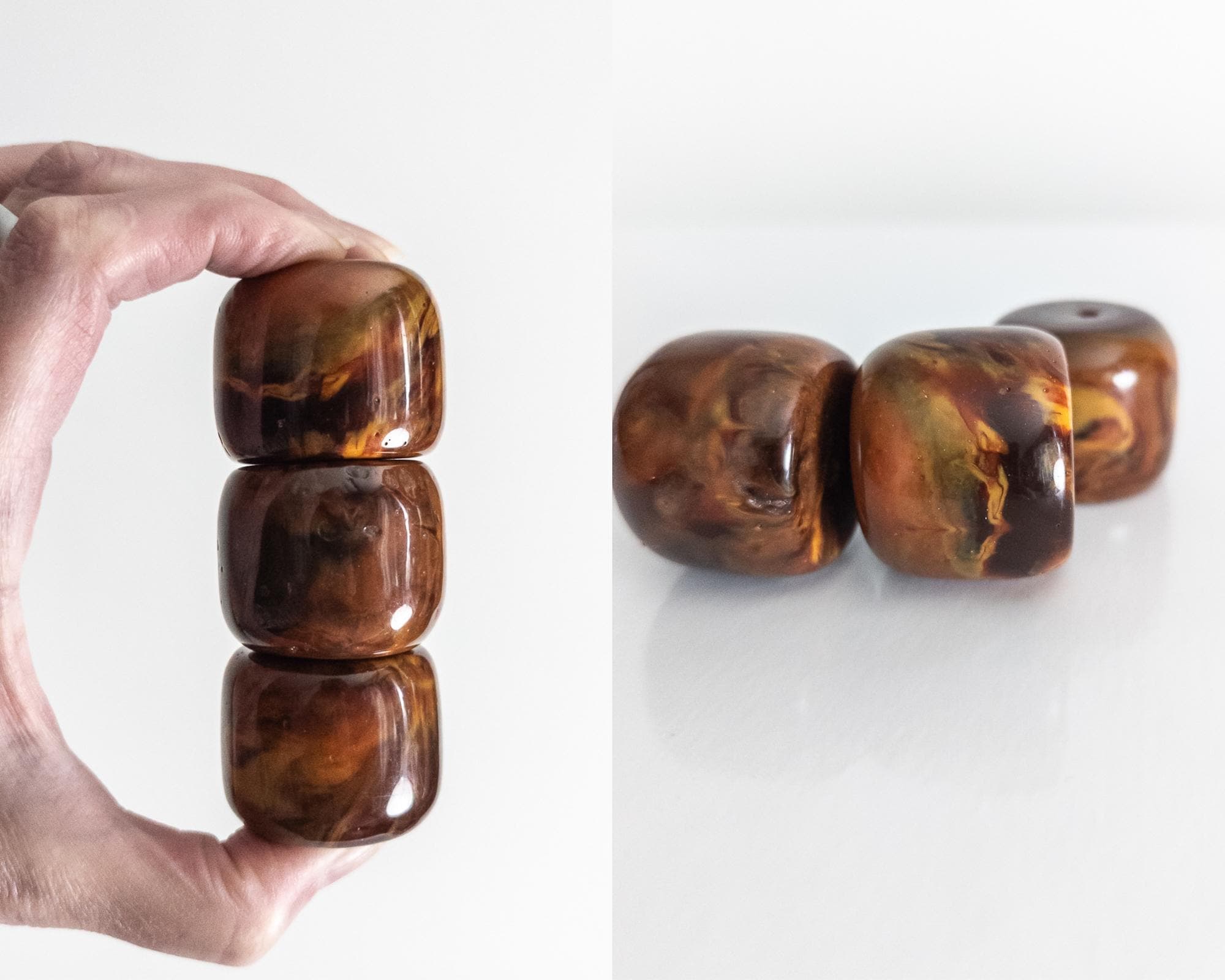 antique 1920s bakelite bead set, 3 pcs, 102 g, chunky barrel-shaped, early phenolic resin, marbled, heavy, collectible