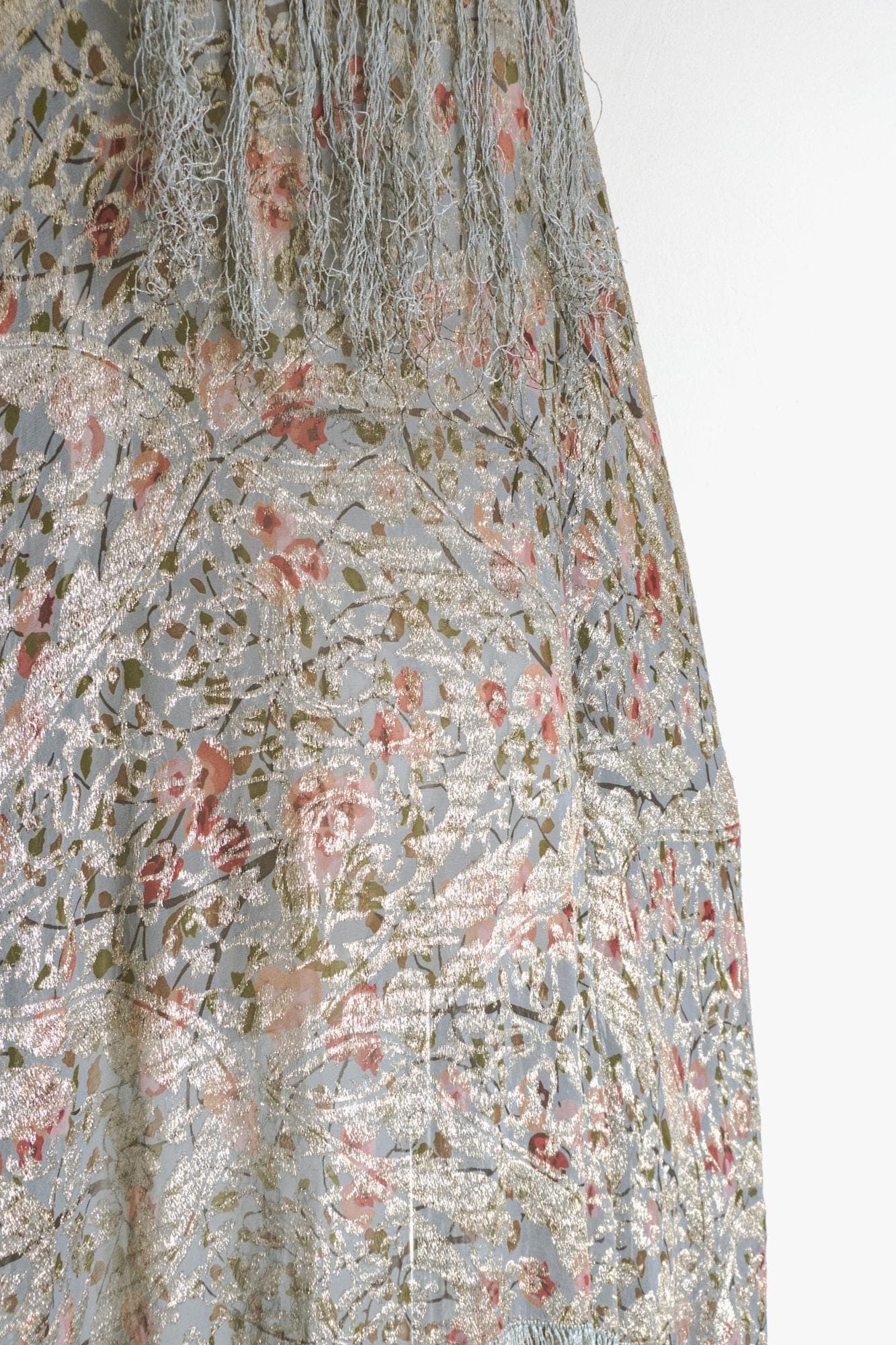 vintage dressy piano shawl wrap with botanical print, zari work, and long fringes - image 3
