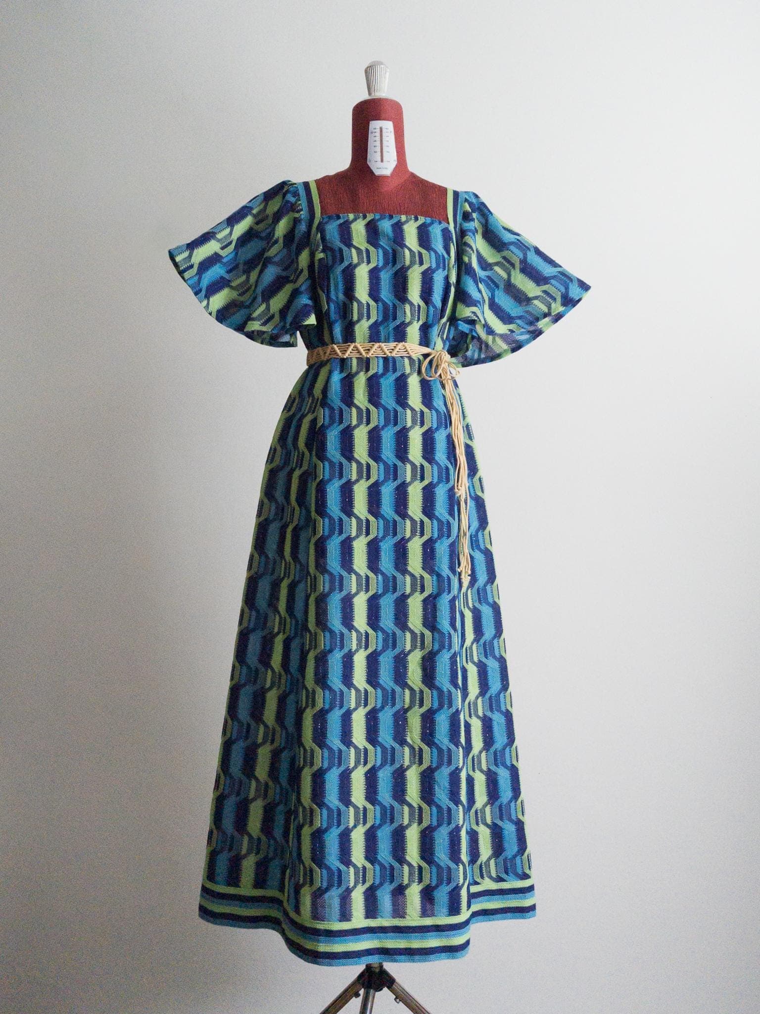 70s bohemian goddess maxi dress, 1970s psychedelic hostess gown - muted neon green/navy/sky blue - m/l - image 3