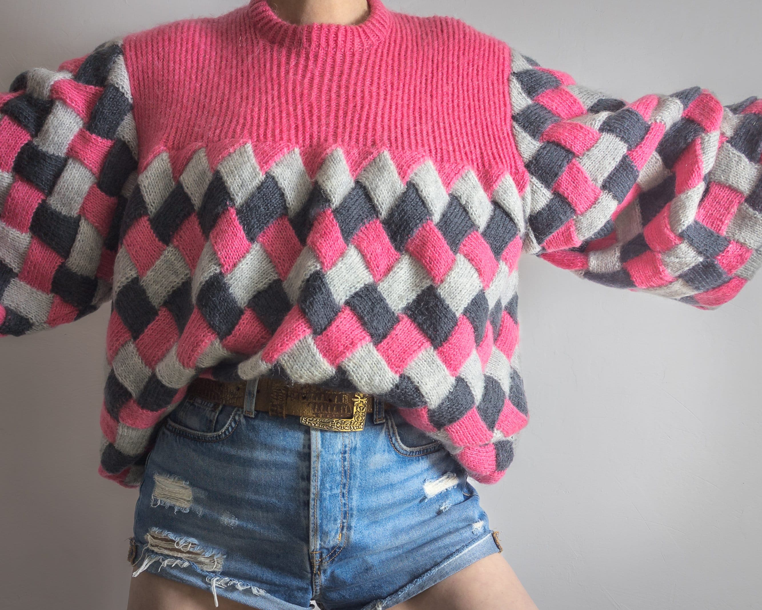 checkered knit sweater balloon sleeve knit check jumper vintage hand knit wool mohair hot pink gray checkerboard relaxed fit knit sweater - image 5