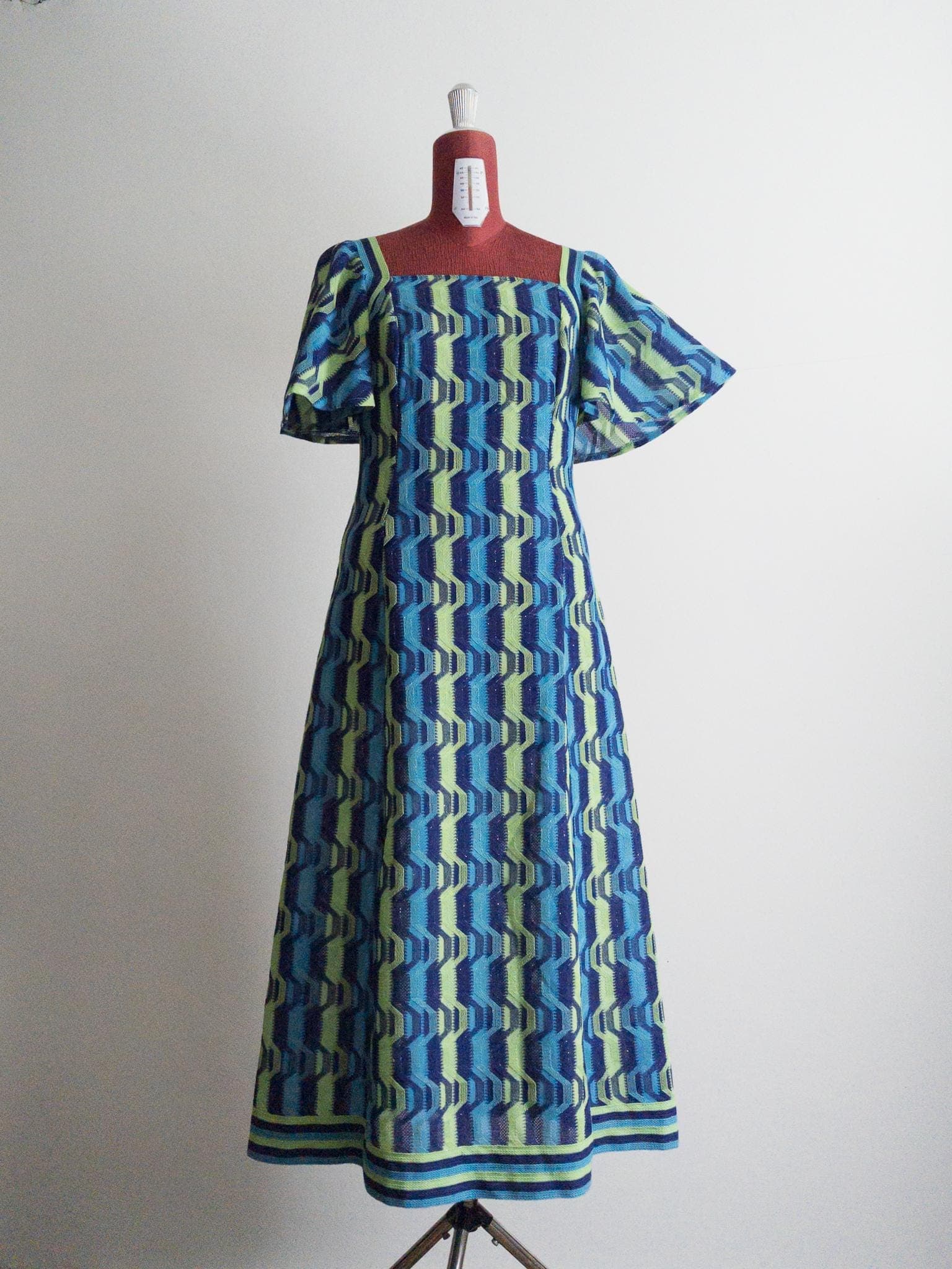 70s bohemian goddess maxi dress, 1970s psychedelic hostess gown - muted neon green/navy/sky blue - m/l - image 4