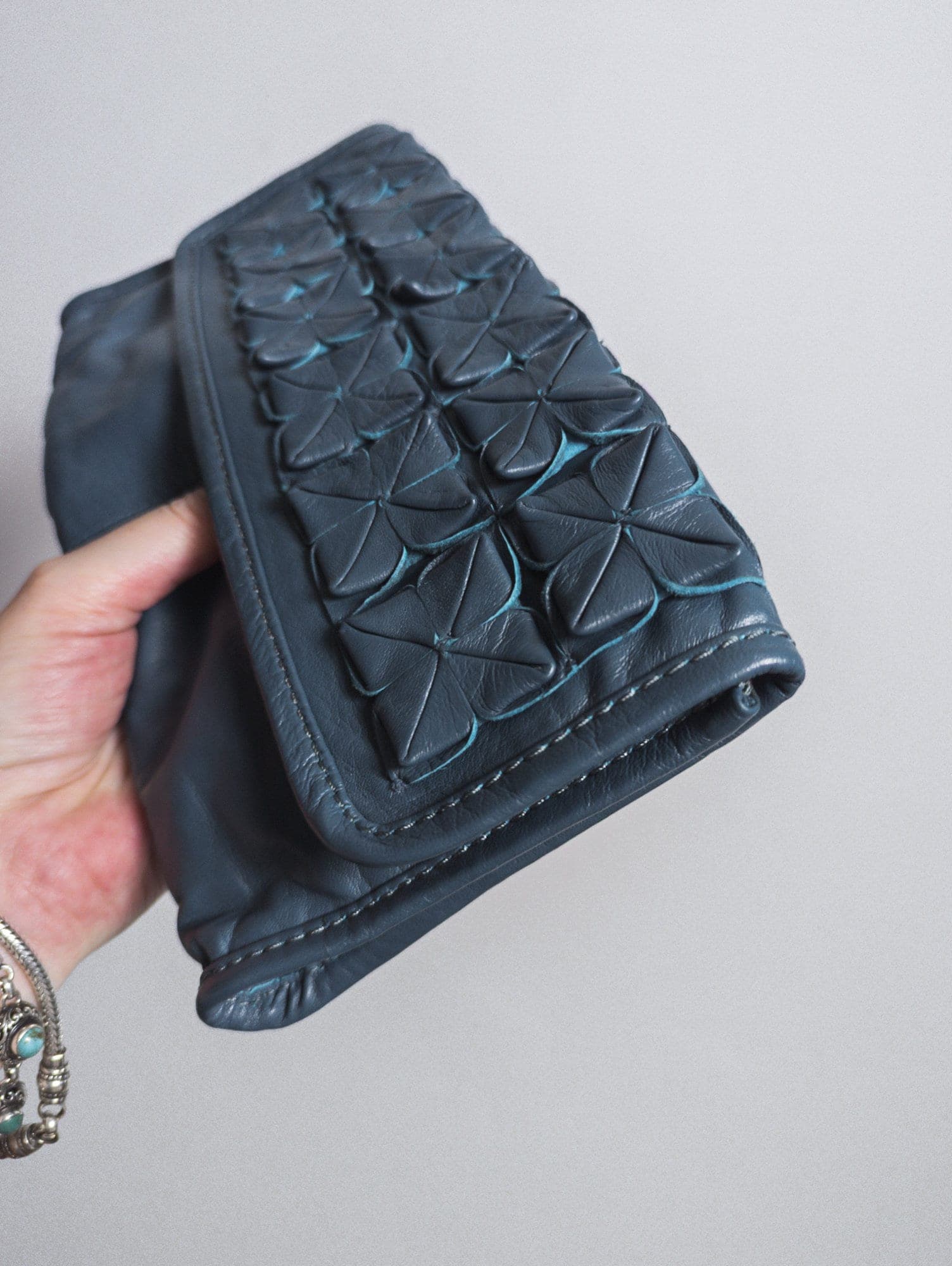 french blue kidskin kid leather clutch bag w/3D squary flower by jones bootmaker