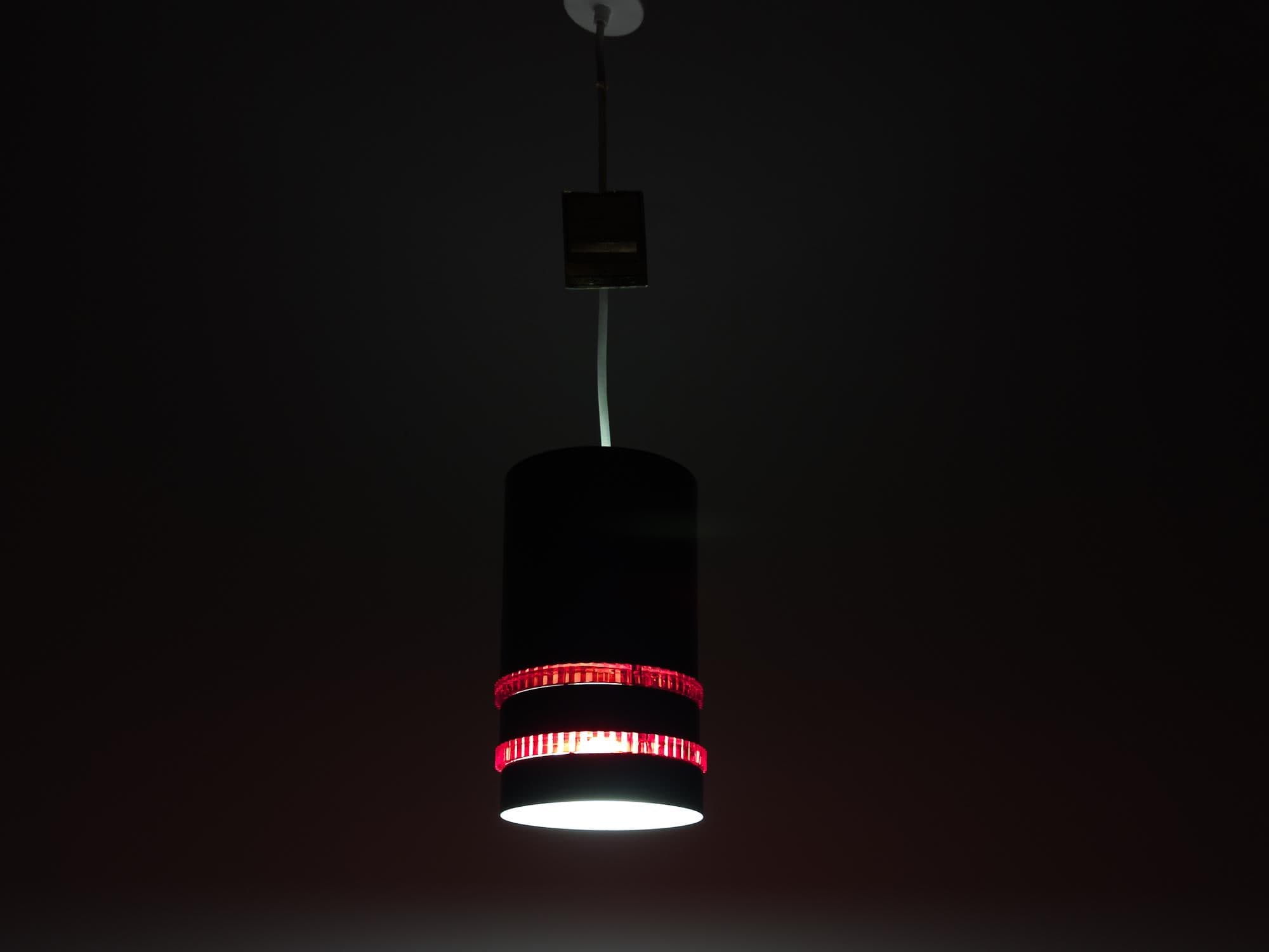 mid-century ufo ceiling pendant light, painted black metal with dual fire red plexiglass finish and aluminum inside, germany 1960s-1970s. - image 5