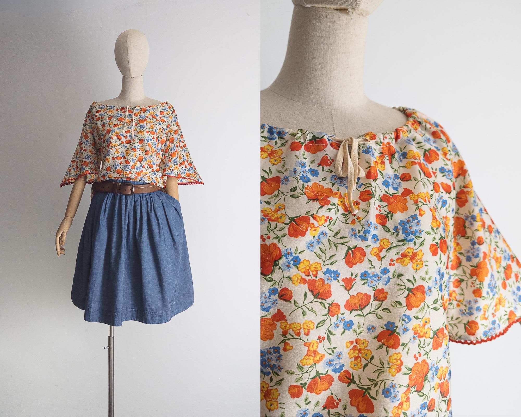mod 1970s medieval western peasant top – vintage prairie blouse with pointed bell sleeves – poppy, cornflower & orange wildflower print – s