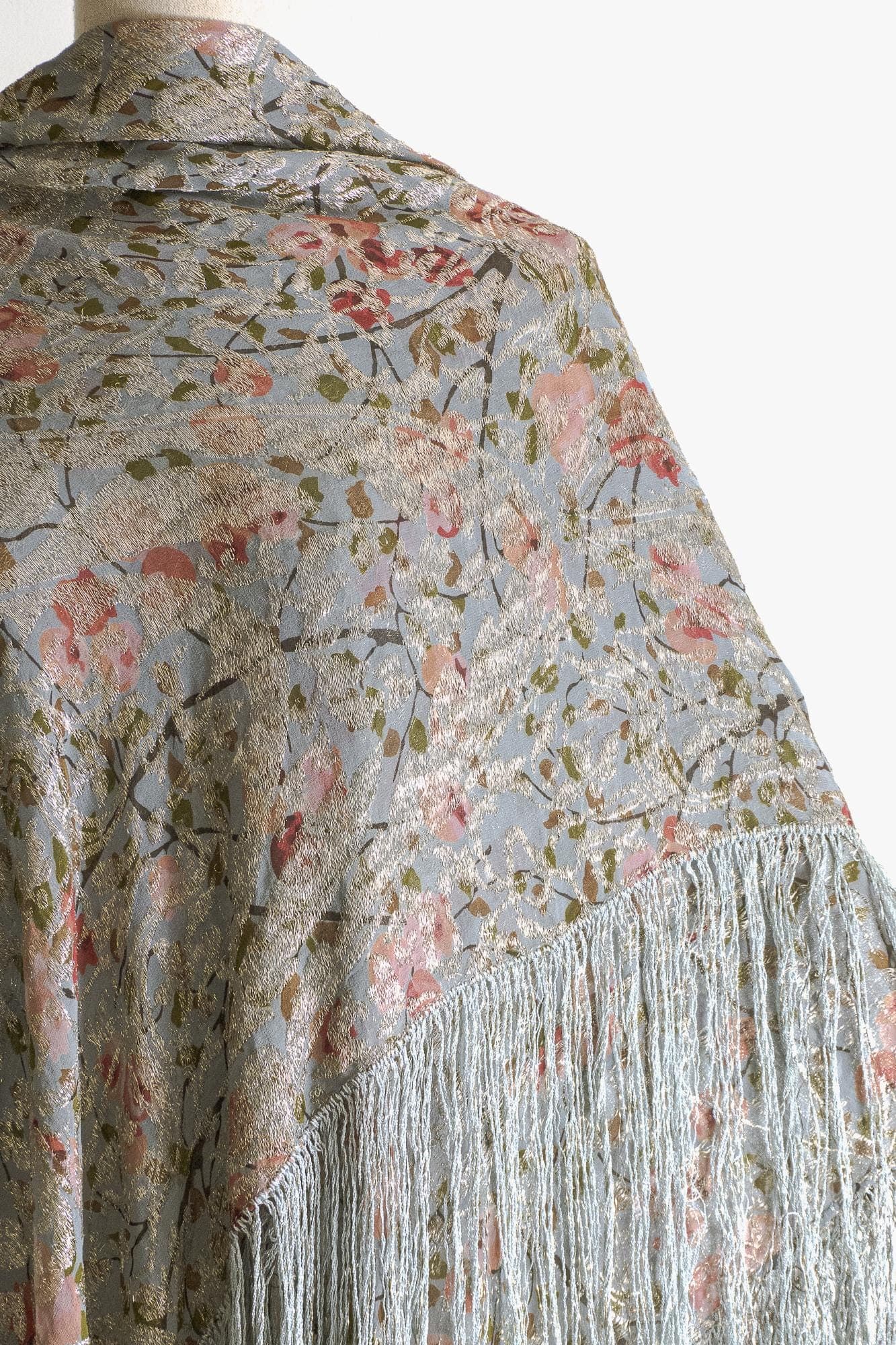 vintage dressy piano shawl wrap with botanical print, zari work, and long fringes - image 4