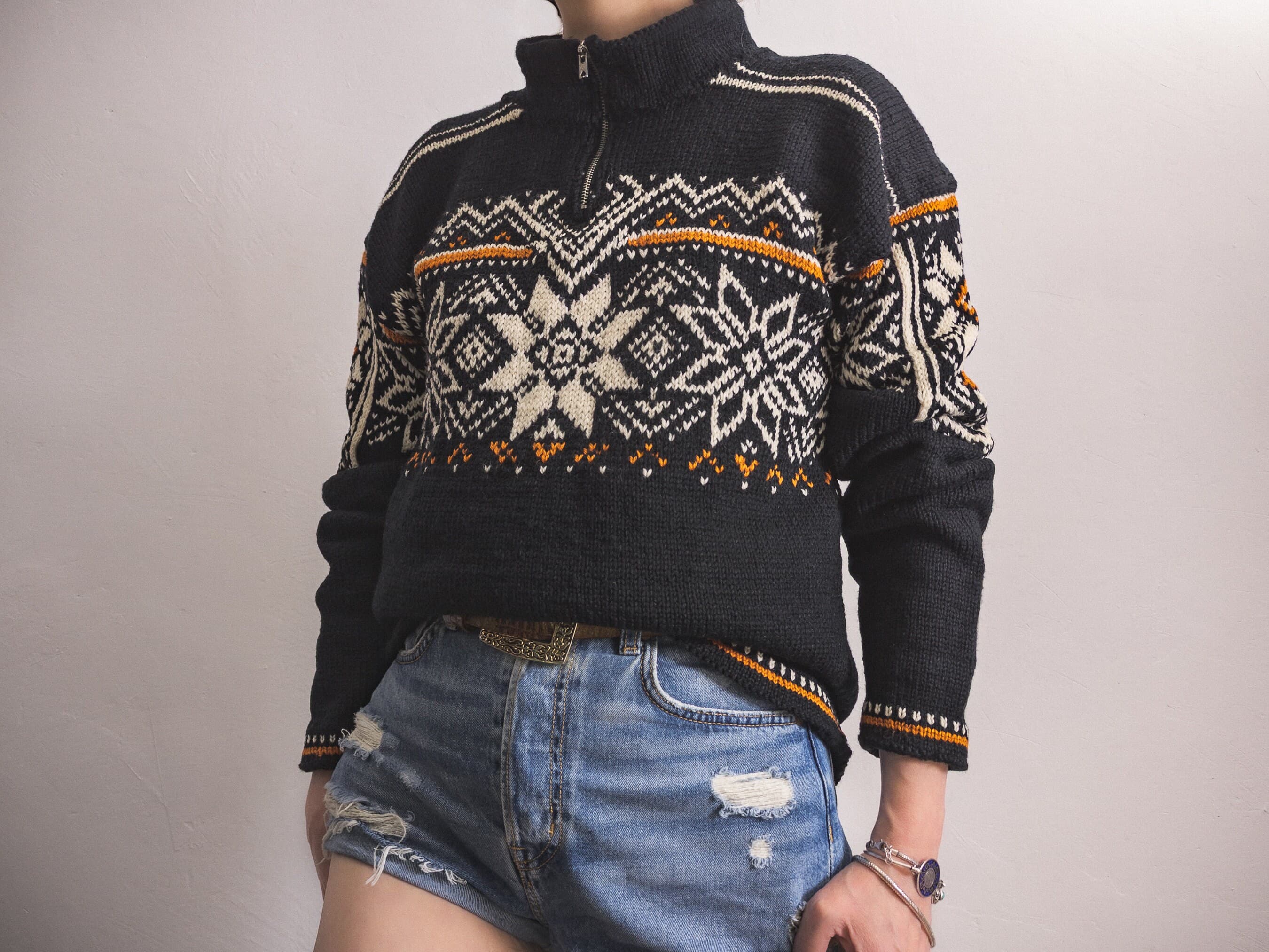 Nordic hand knit zip neck sweater fair isle black white rust wool quarter-zipper sweater vintage Norwegian colorwork women's zipper pullover