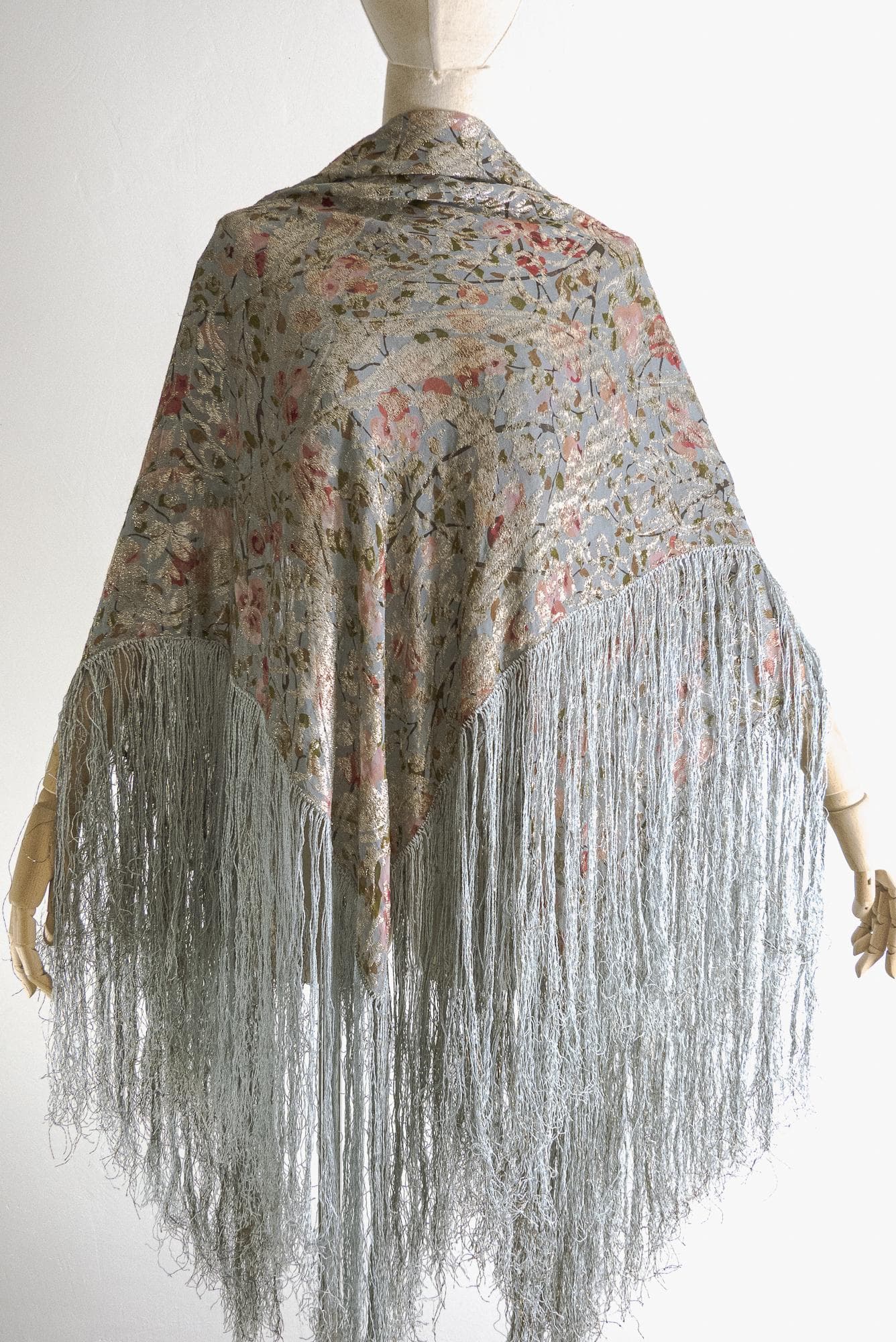 vintage dressy piano shawl wrap with botanical print, zari work, and long fringes - image 5