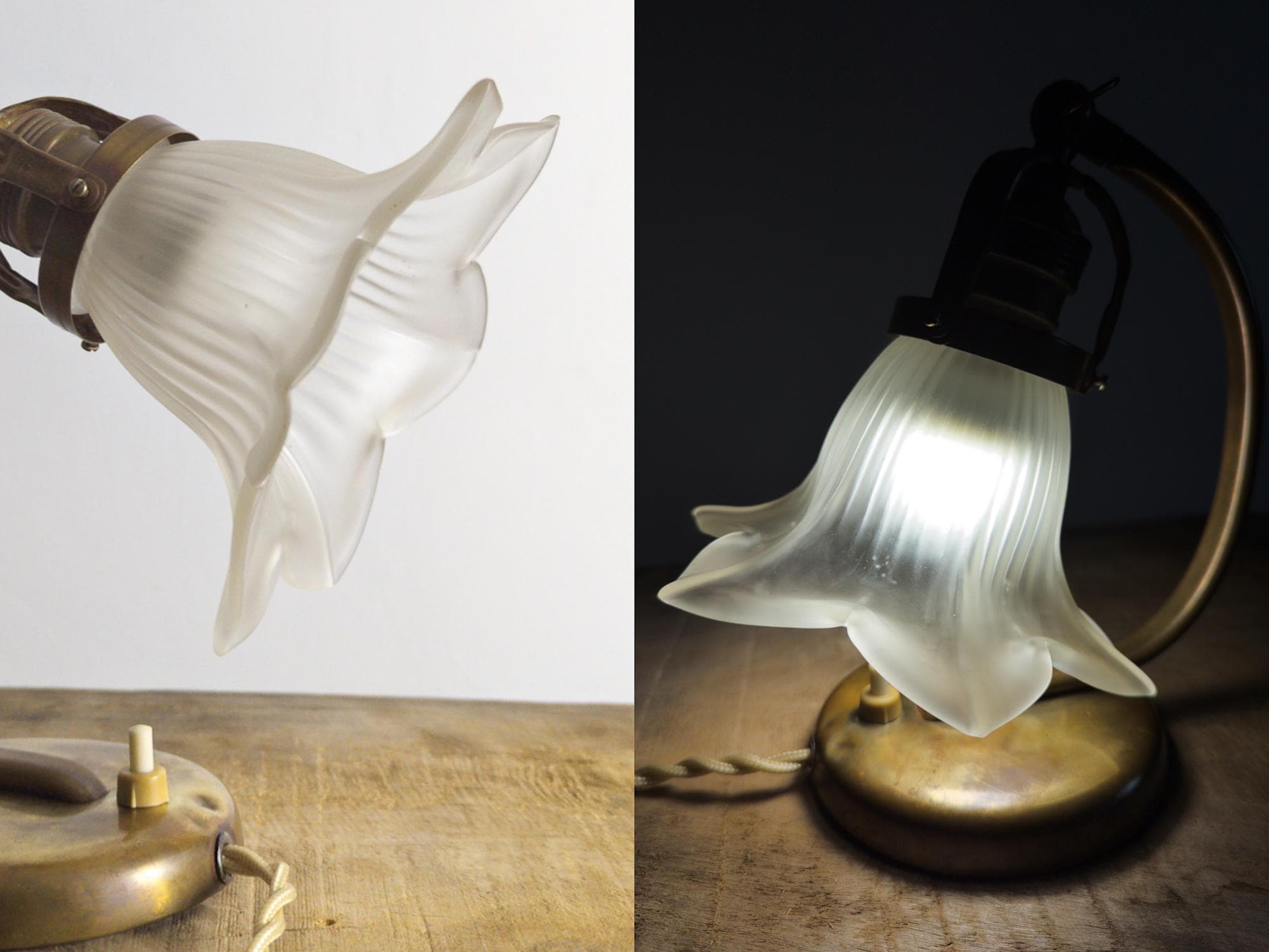 art nouveau to art deco brass tulip lamp wall/table/desk lamp with frosted glass shade, 1930s