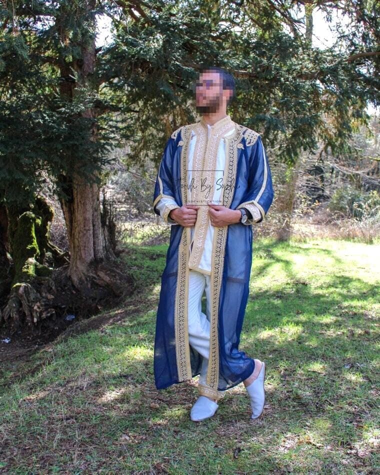 Navy Blue & Gold Moroccan Jabador - Elegant 3-Piece Groom Set for Wedding