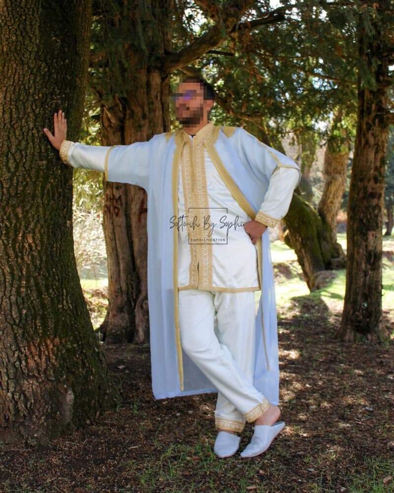 Jabador men , moroccan kaftan for wedding, nikkah outfit-Blue sky & Gold